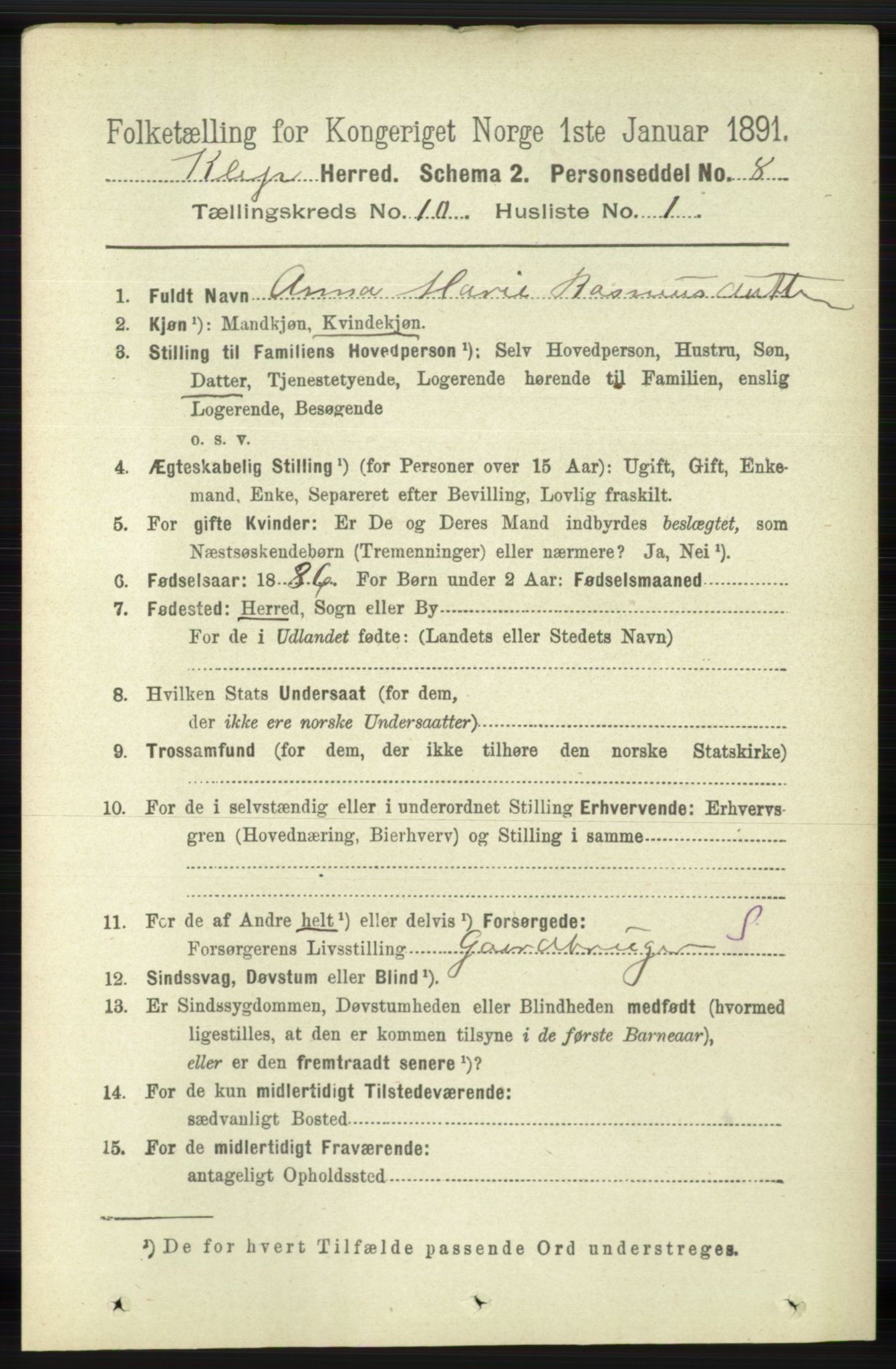 RA, 1891 census for 1120 Klepp, 1891, p. 2859