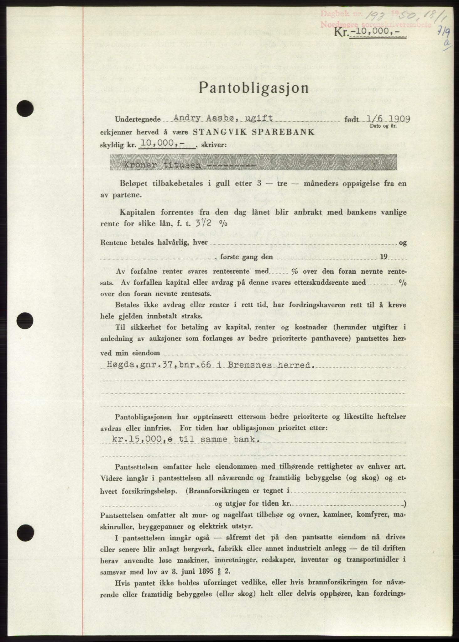 Nordmøre sorenskriveri, AV/SAT-A-4132/1/2/2Ca: Mortgage book no. B103, 1949-1950, Diary no: : 193/1950