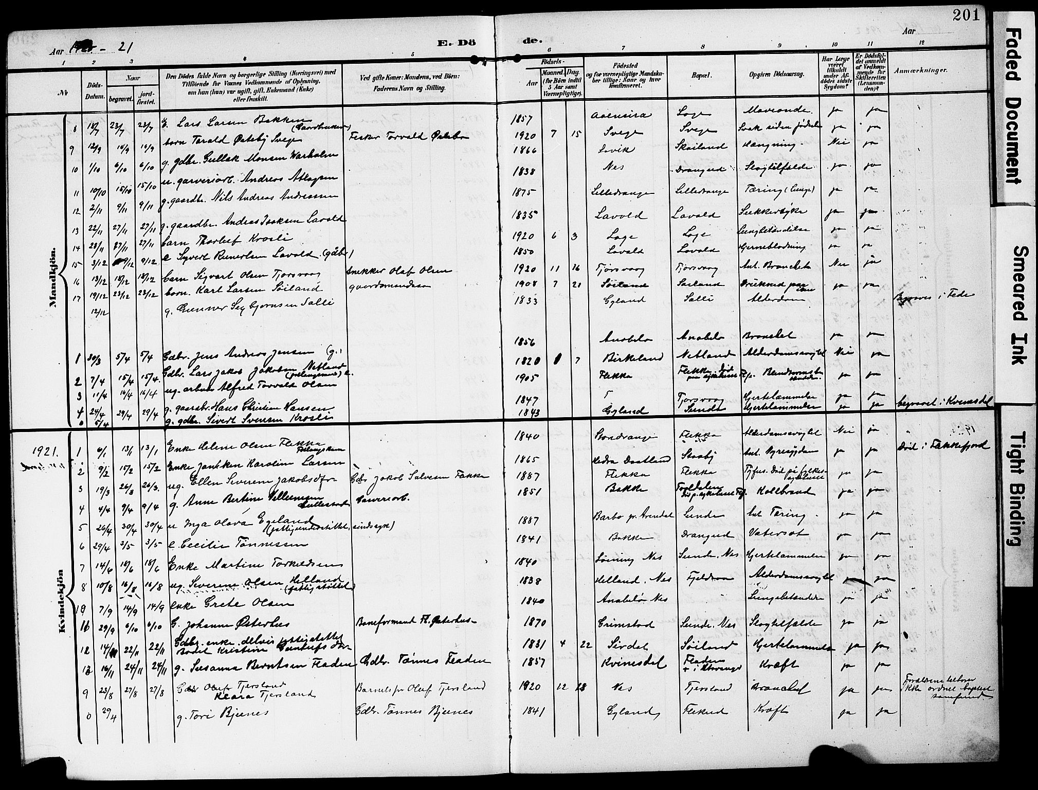 Flekkefjord sokneprestkontor, AV/SAK-1111-0012/F/Fb/Fbc/L0008: Parish register (copy) no. B 8, 1903-1931, p. 201