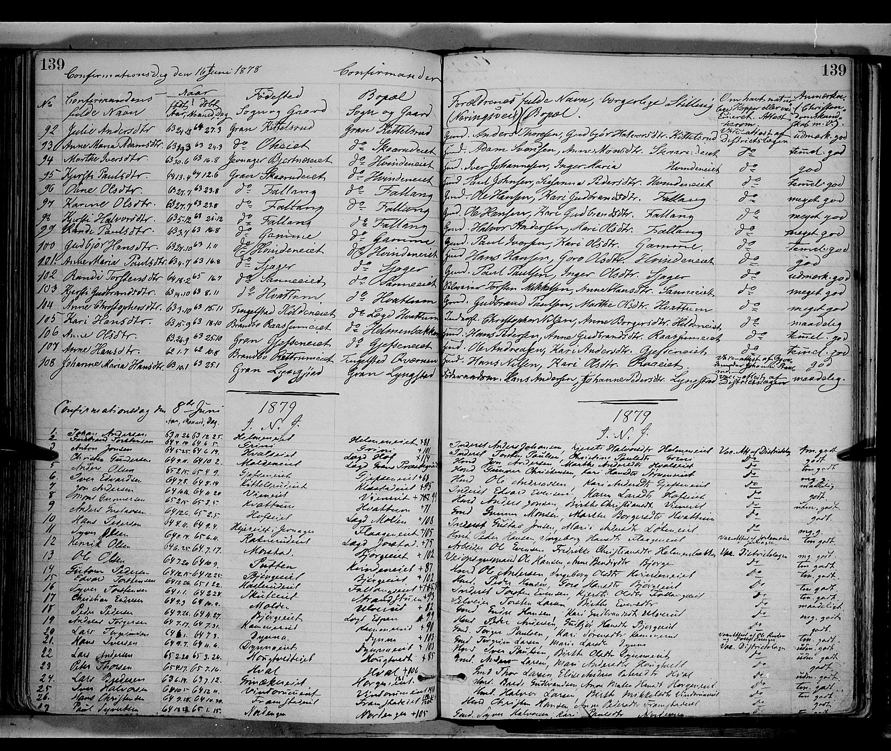 Gran prestekontor, SAH/PREST-112/H/Ha/Haa/L0013: Parish register (official) no. 13, 1875-1879, p. 139
