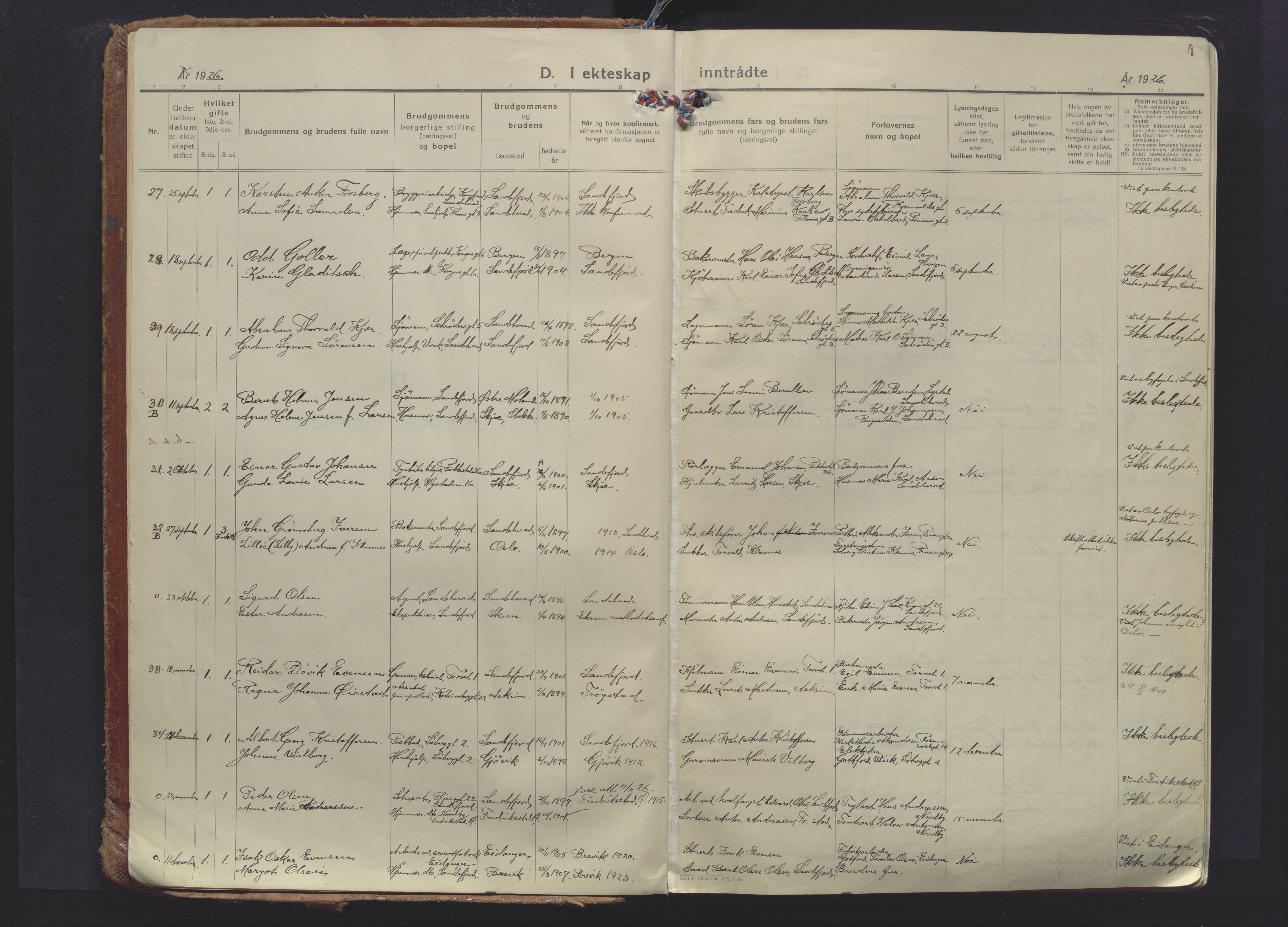 Sandefjord kirkebøker, SAKO/A-315/F/Fa/L0009: Parish register (official) no. 9, 1926-1945, p. 4
