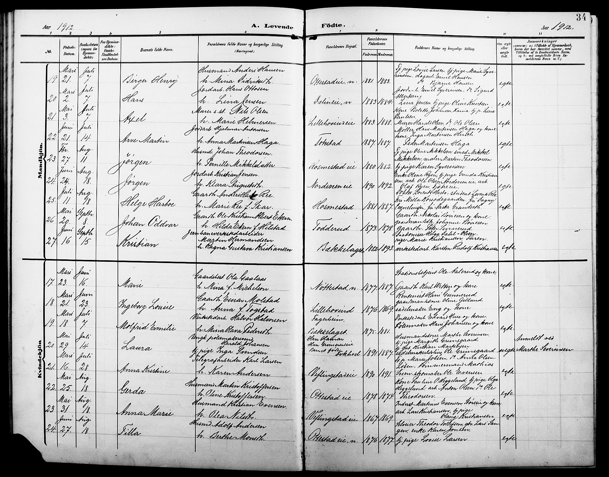 Stange prestekontor, AV/SAH-PREST-002/L/L0013: Parish register (copy) no. 13, 1906-1915, p. 34
