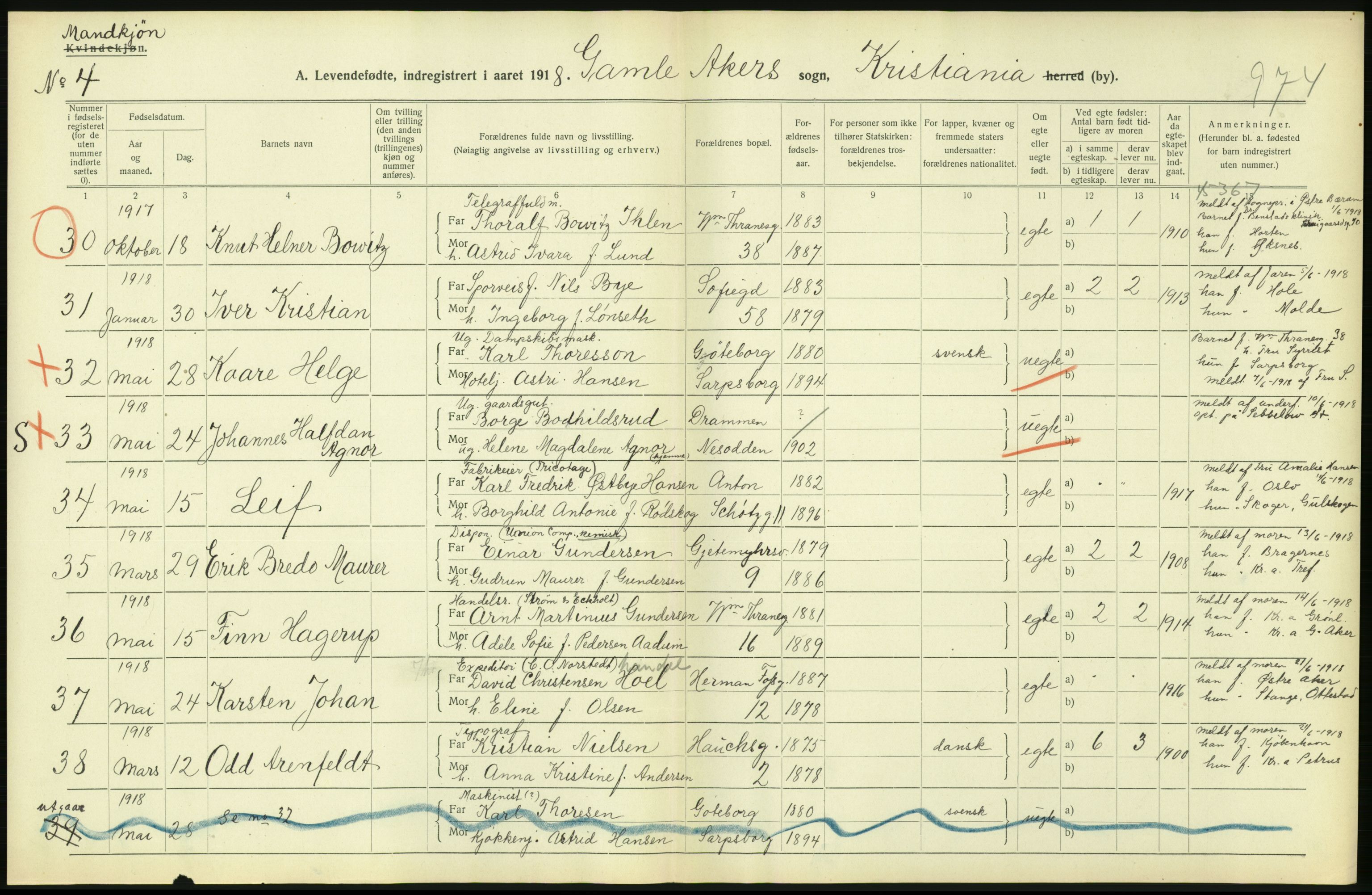 Statistisk sentralbyrå, Sosiodemografiske emner, Befolkning, AV/RA-S-2228/D/Df/Dfb/Dfbh/L0008: Kristiania: Levendefødte menn og kvinner., 1918, p. 102