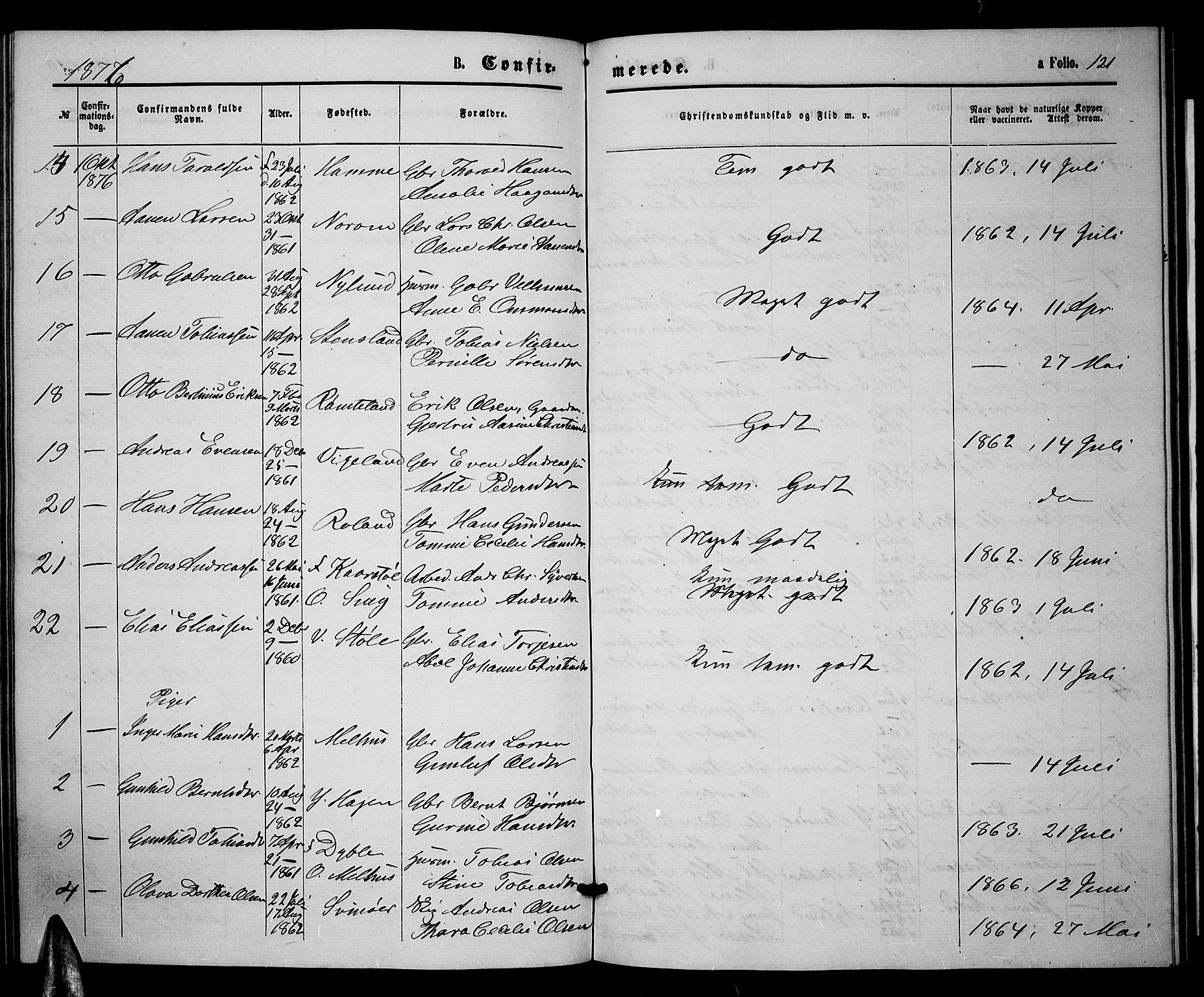 Sør-Audnedal sokneprestkontor, AV/SAK-1111-0039/F/Fb/Fbb/L0004: Parish register (copy) no. B 4, 1868-1879, p. 121