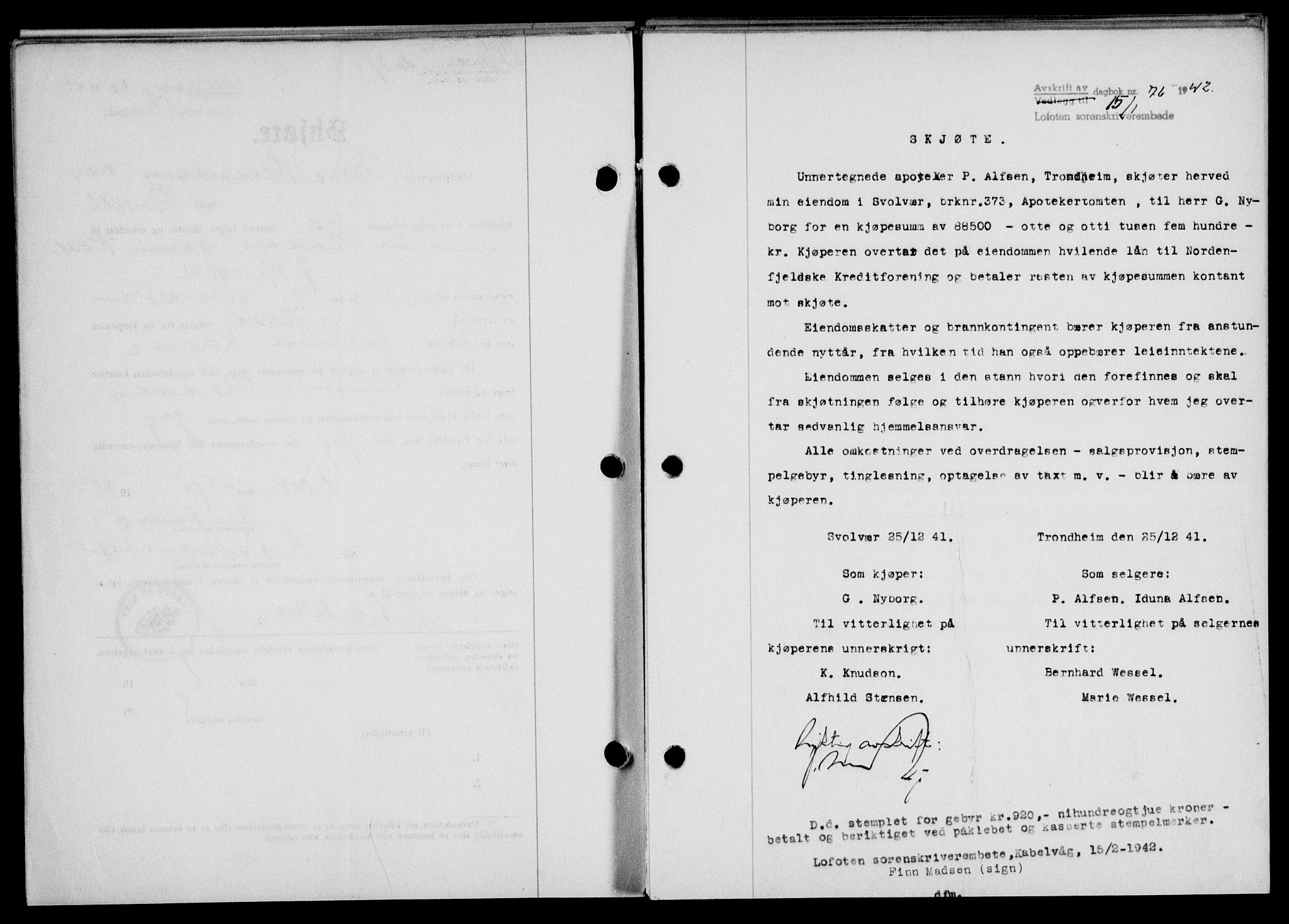 Lofoten sorenskriveri, SAT/A-0017/1/2/2C/L0009a: Mortgage book no. 9a, 1941-1942, Diary no: : 76/1942