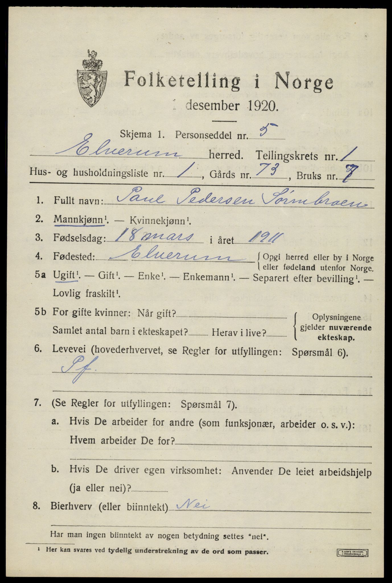 SAH, 1920 census for Elverum, 1920, p. 3784