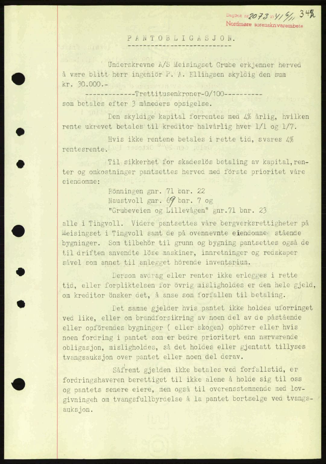 Nordmøre sorenskriveri, AV/SAT-A-4132/1/2/2Ca: Mortgage book no. B88, 1941-1942, Diary no: : 2073/1941