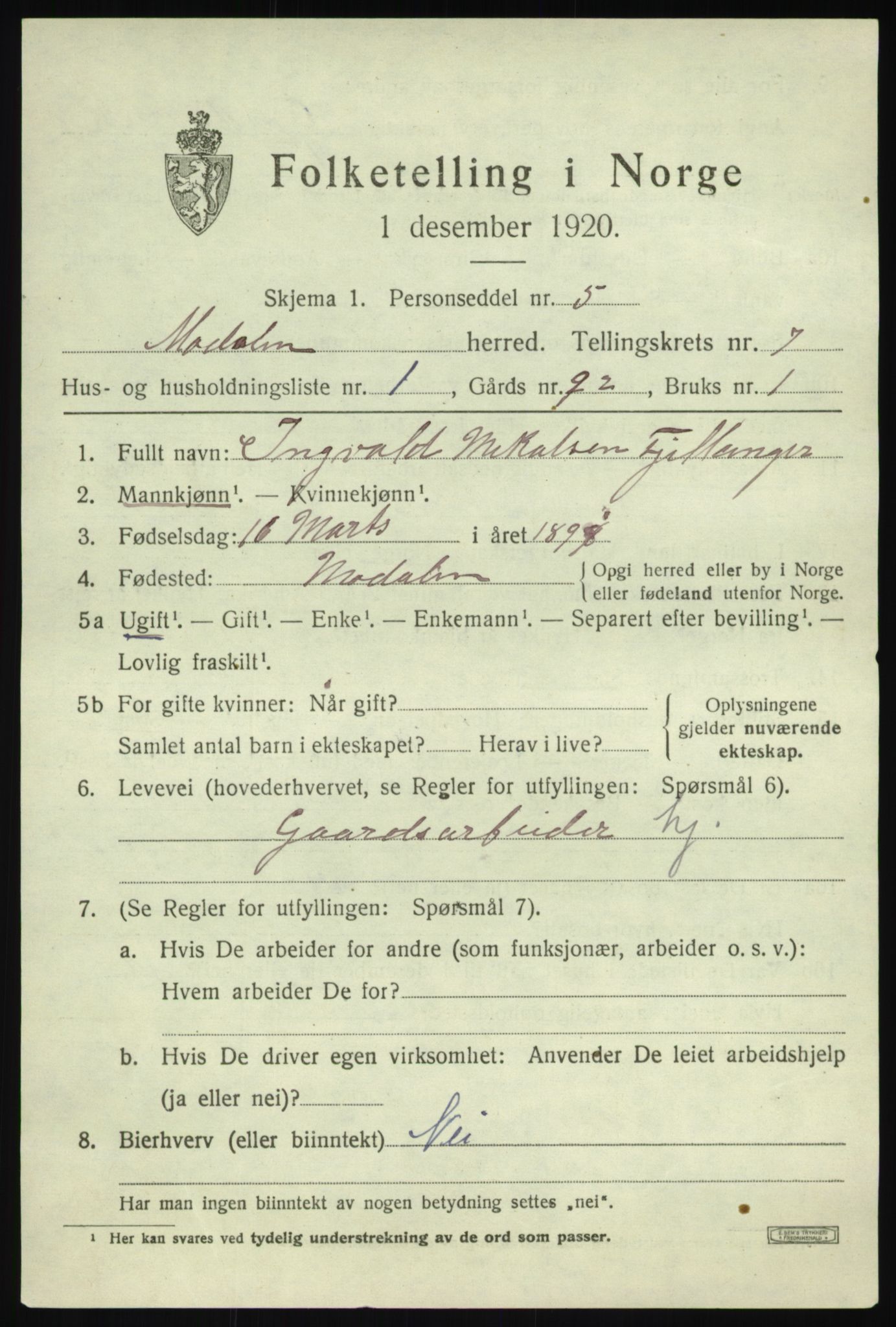 SAB, 1920 census for Modalen, 1920, p. 1388