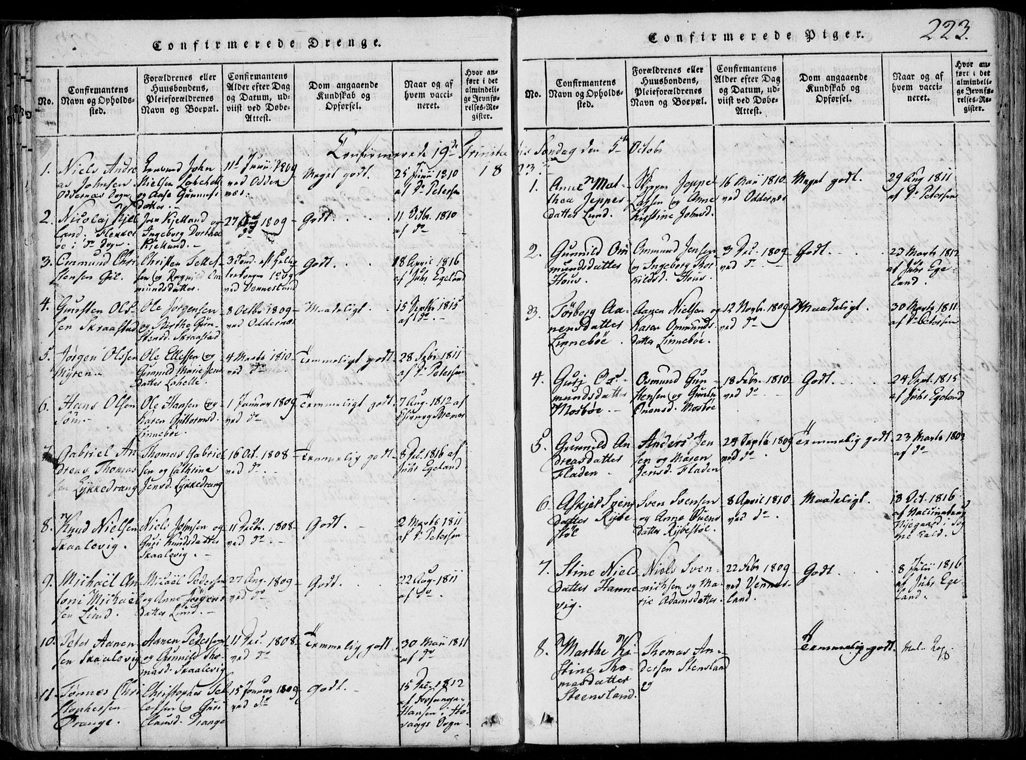 Oddernes sokneprestkontor, AV/SAK-1111-0033/F/Fa/Faa/L0005: Parish register (official) no. A 5, 1820-1838, p. 223