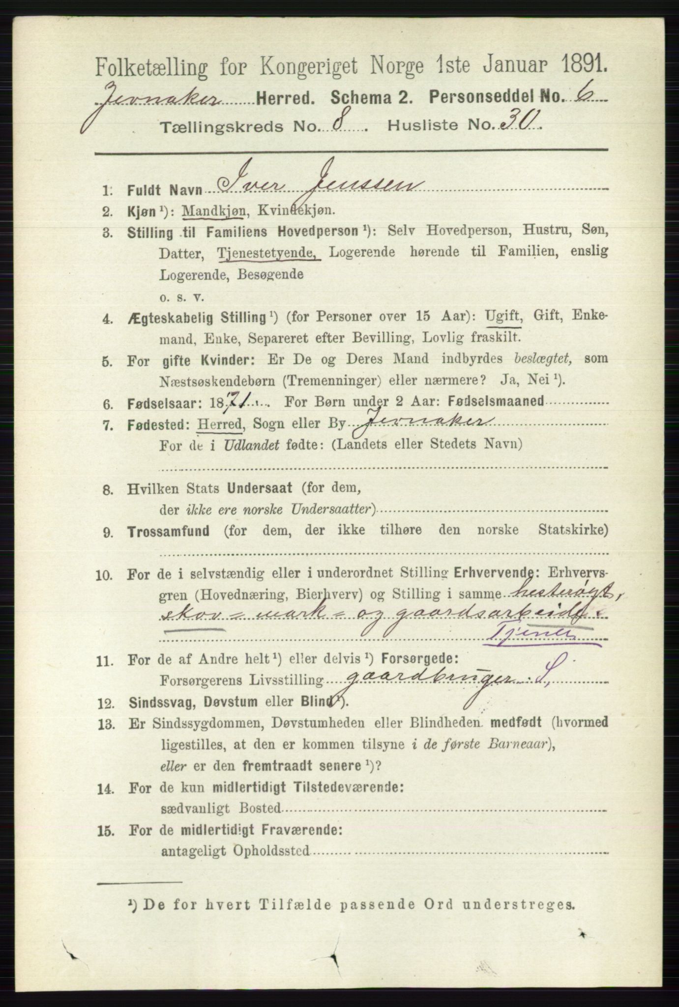 RA, 1891 census for 0532 Jevnaker, 1891, p. 4512