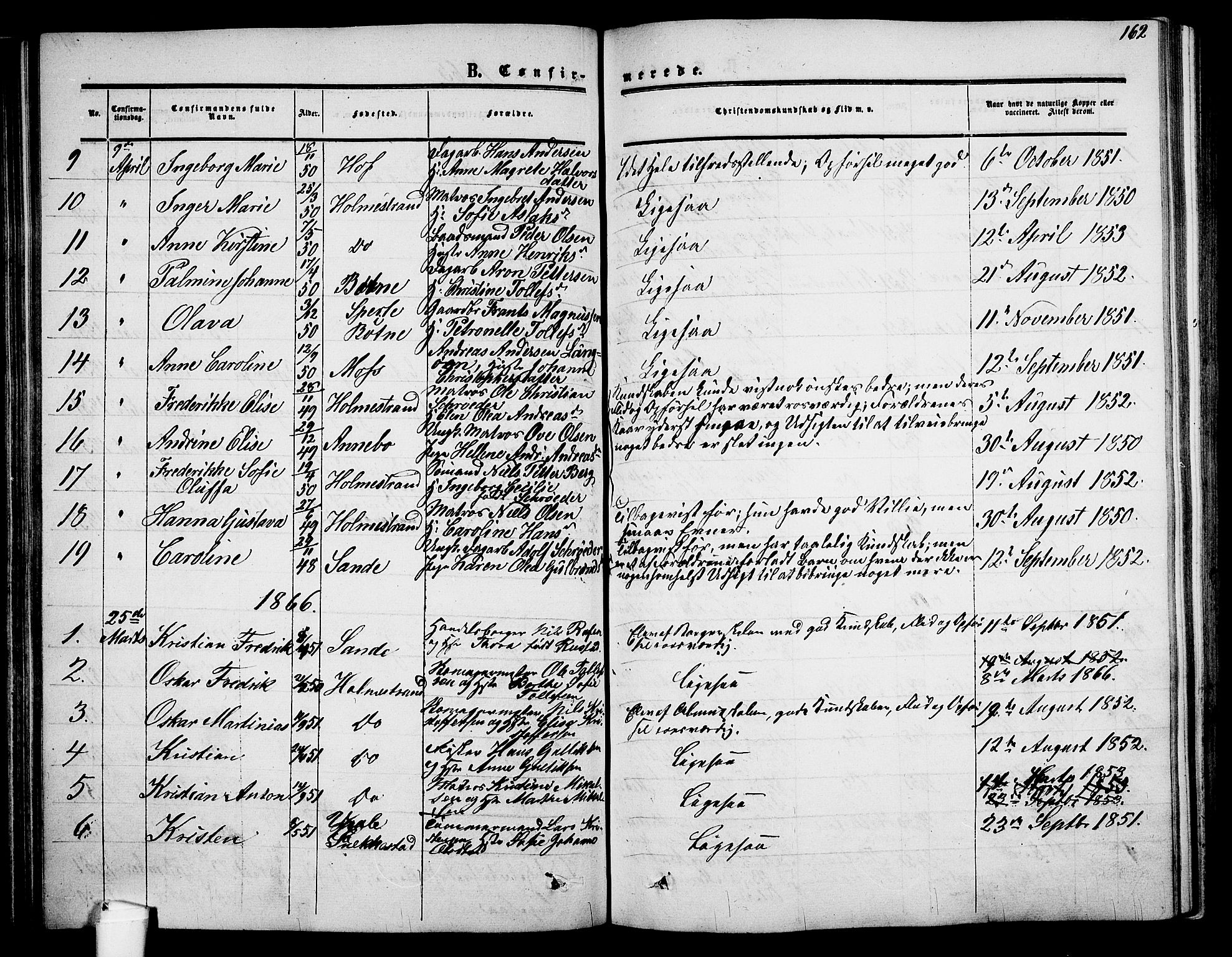 Holmestrand kirkebøker, AV/SAKO-A-346/G/Ga/L0003: Parish register (copy) no. 3, 1849-1874, p. 162