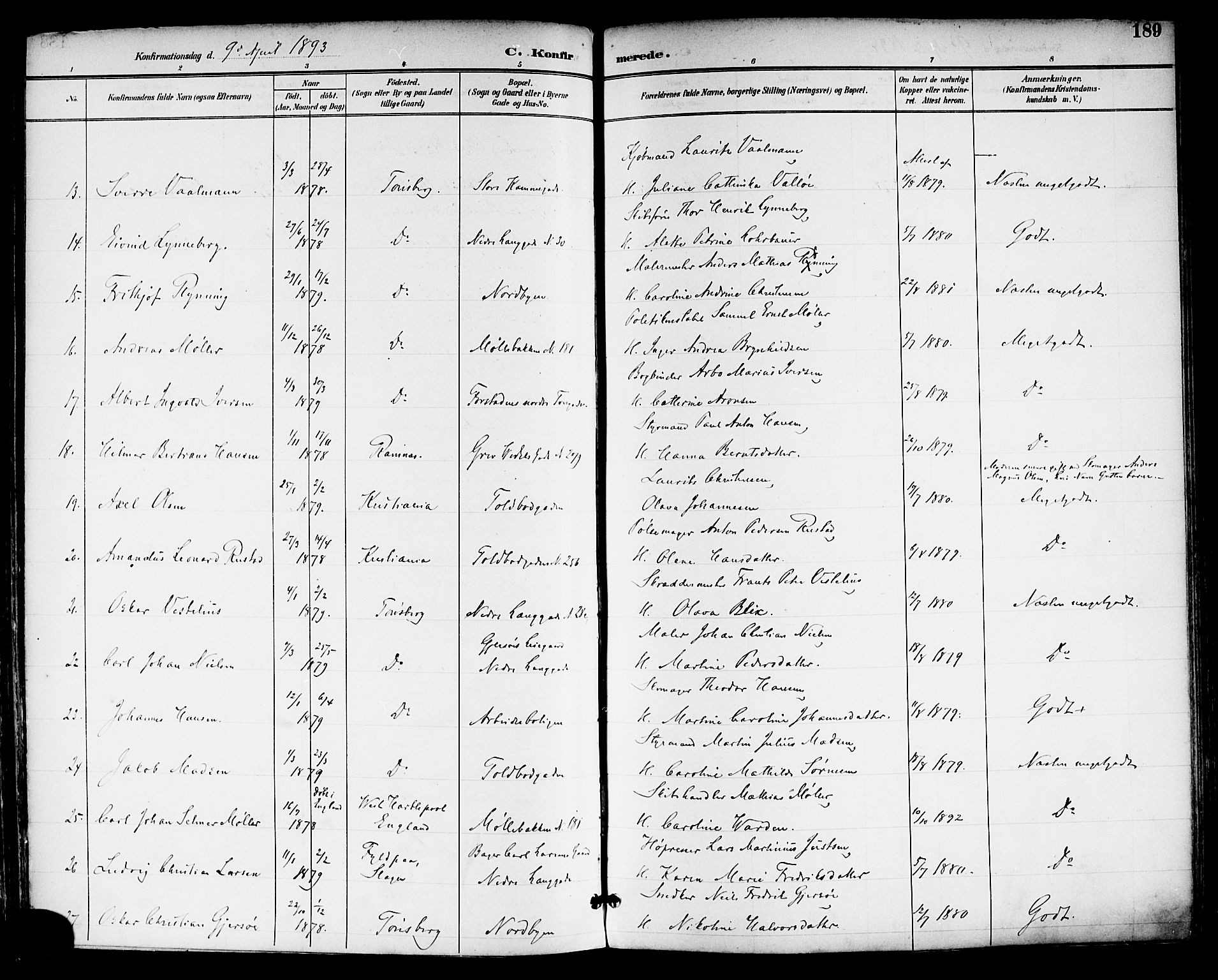 Tønsberg kirkebøker, AV/SAKO-A-330/F/Fa/L0012: Parish register (official) no. I 12, 1891-1899, p. 189