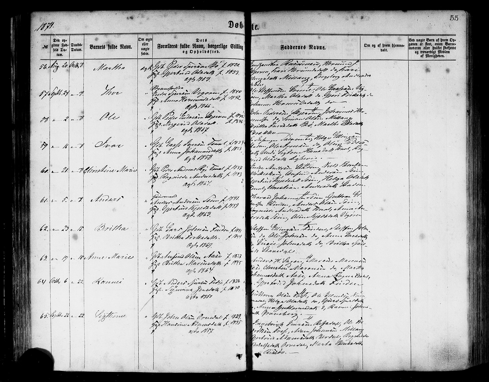 Vik sokneprestembete, AV/SAB-A-81501/H/Haa/Haaa/L0009: Parish register (official) no. A 9, 1866-1877, p. 55