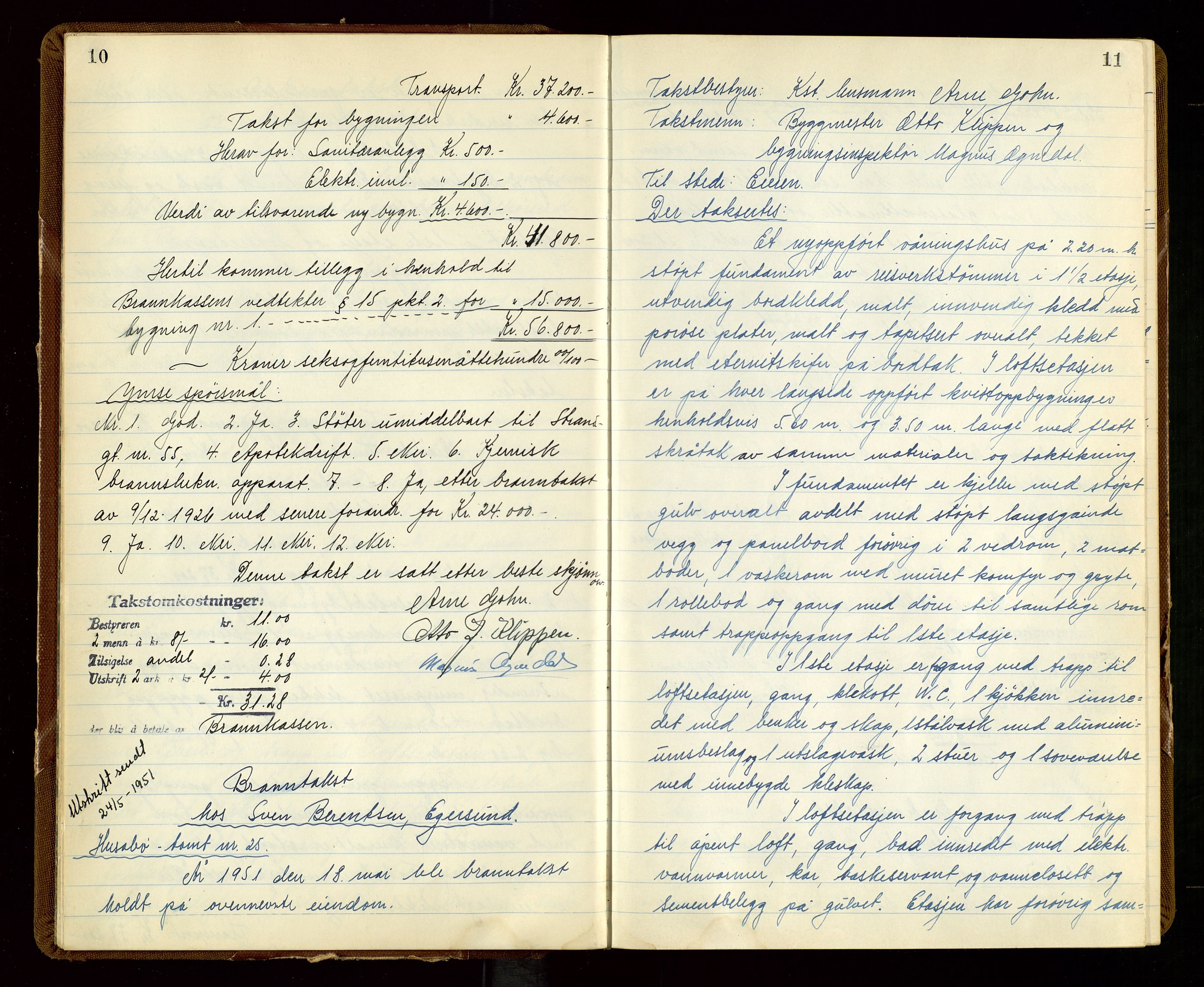 Eigersund lensmannskontor, AV/SAST-A-100171/God/L0014: "Branntakstprotokoll", 1951-1955, p. 10-11