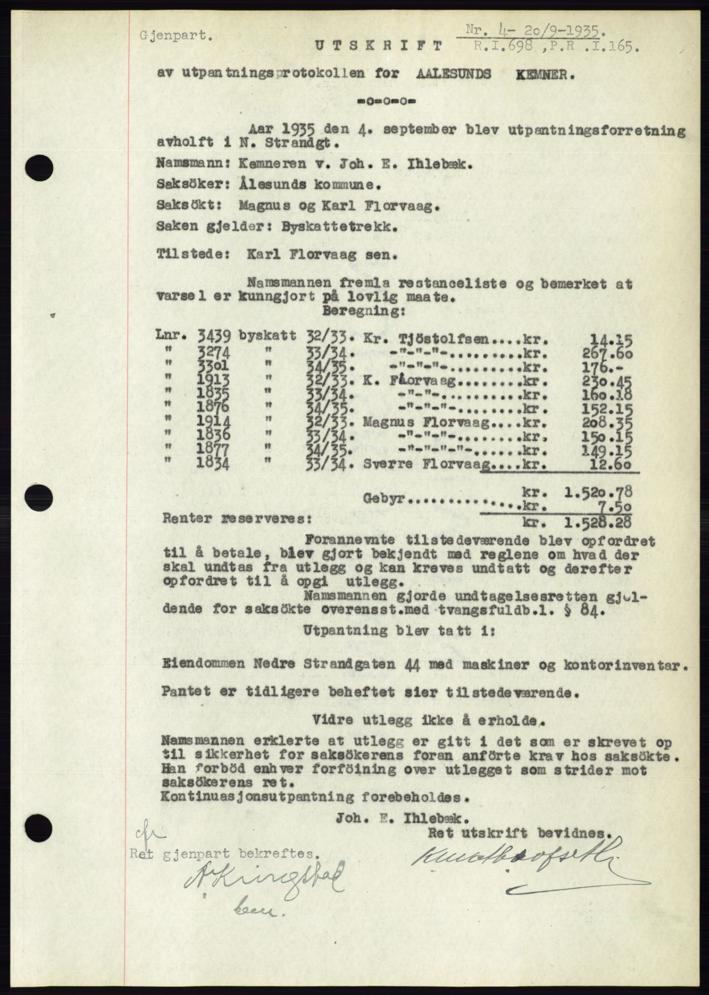 Ålesund byfogd, AV/SAT-A-4384: Mortgage book no. 32, 1934-1935, Deed date: 20.09.1935