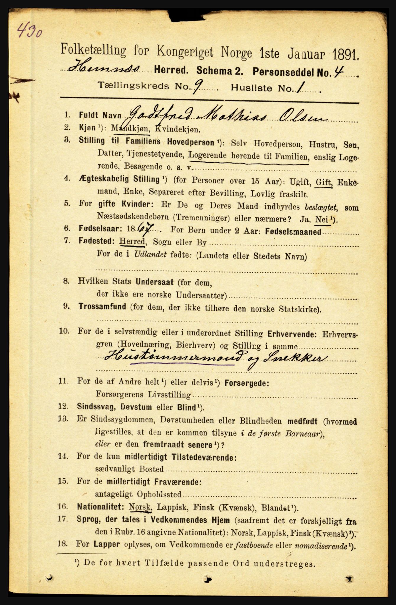 RA, 1891 census for 1832 Hemnes, 1891, p. 4318