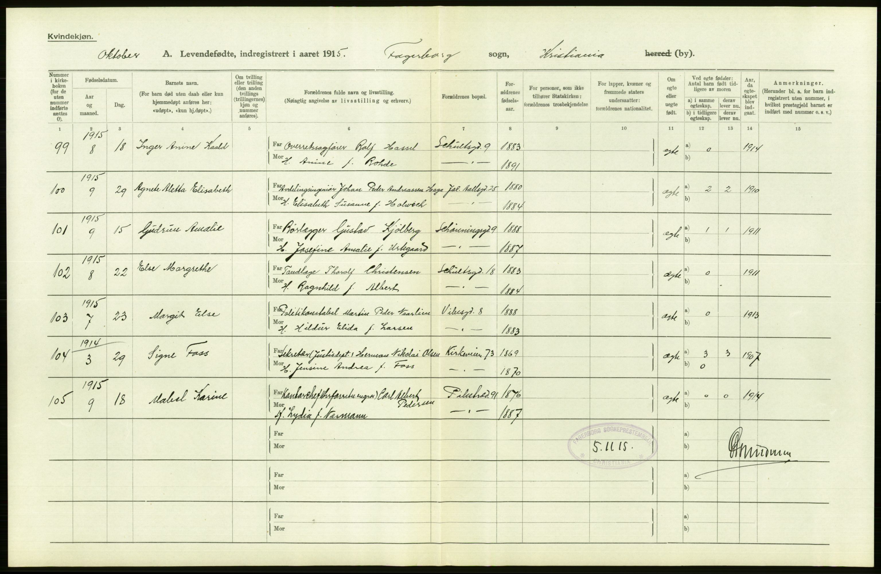 Statistisk sentralbyrå, Sosiodemografiske emner, Befolkning, AV/RA-S-2228/D/Df/Dfb/Dfbe/L0006: Kristiania: Levendefødte menn og kvinner., 1915, p. 546