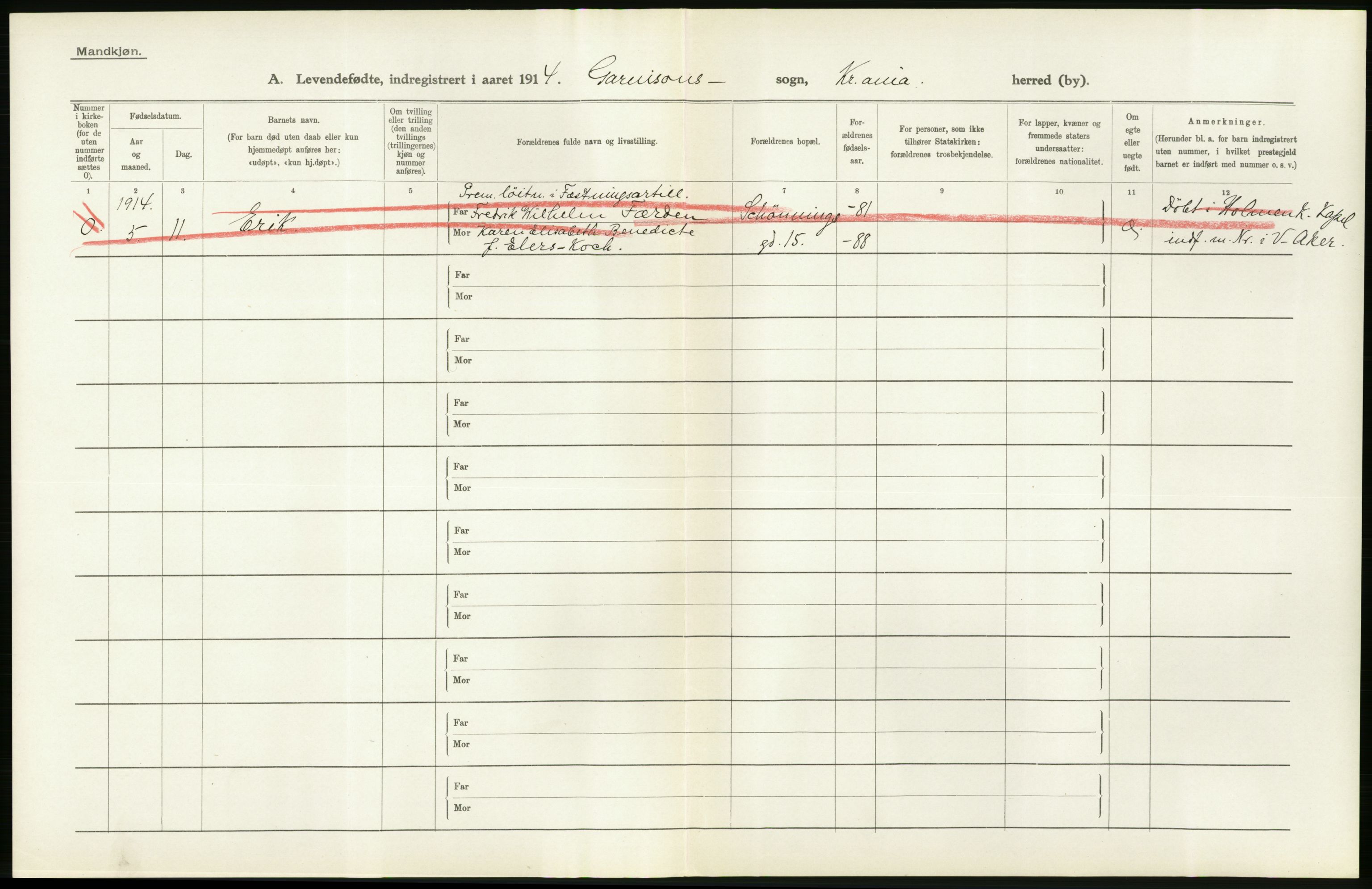 Statistisk sentralbyrå, Sosiodemografiske emner, Befolkning, RA/S-2228/D/Df/Dfb/Dfbd/L0005: Kristiania: Levendefødte menn og kvinner., 1914, p. 452