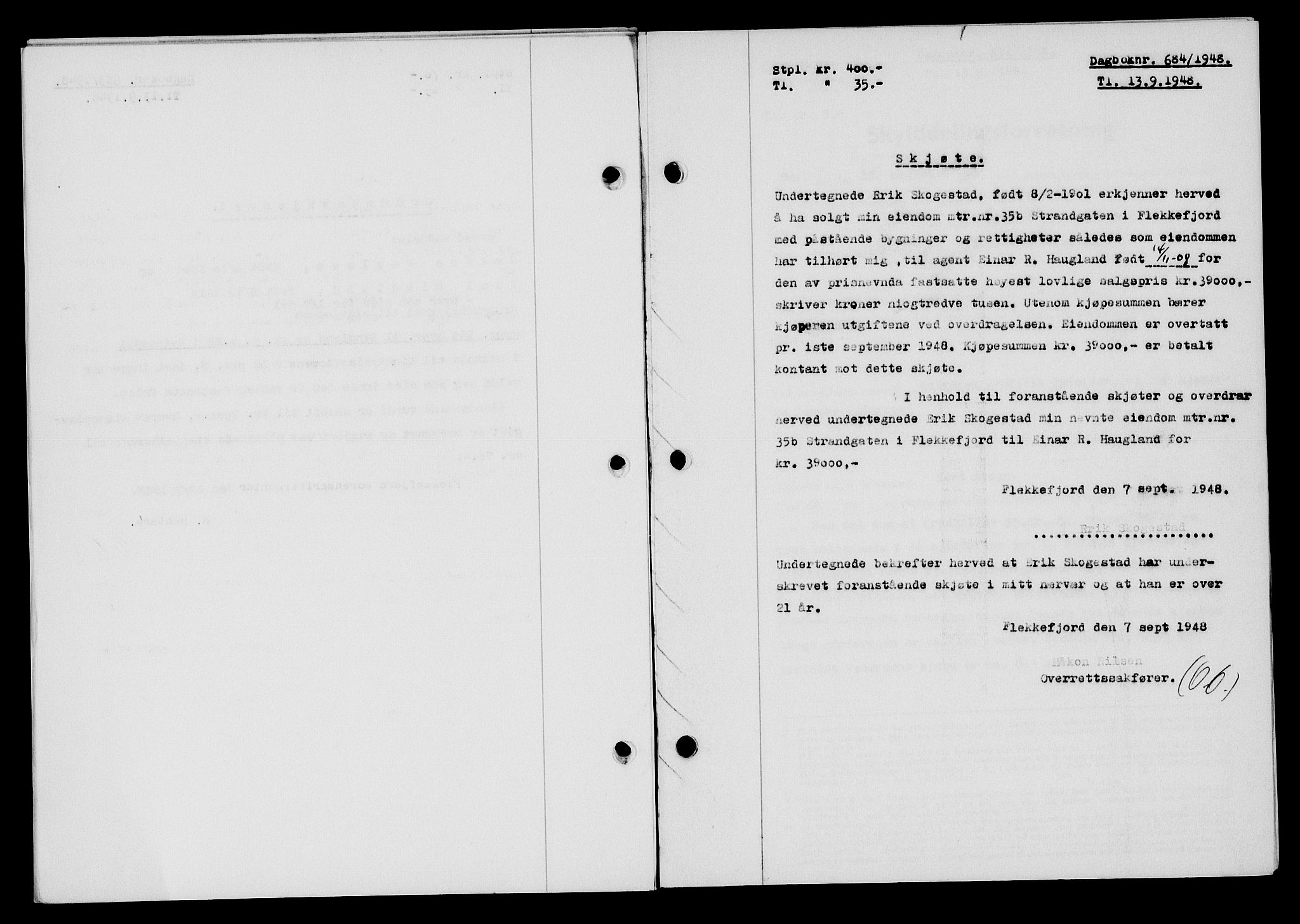 Flekkefjord sorenskriveri, SAK/1221-0001/G/Gb/Gba/L0064: Mortgage book no. A-12, 1948-1949, Diary no: : 684/1948