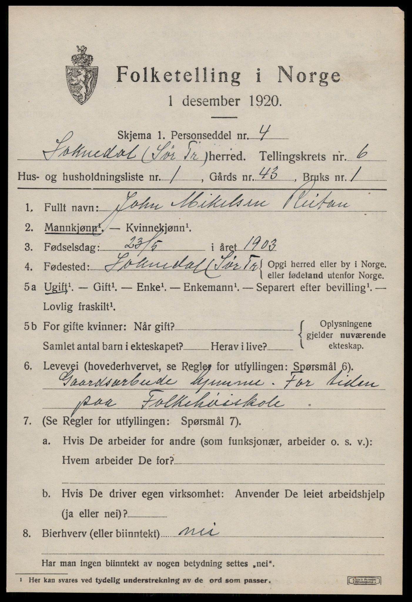 SAT, 1920 census for Soknedal, 1920, p. 3060