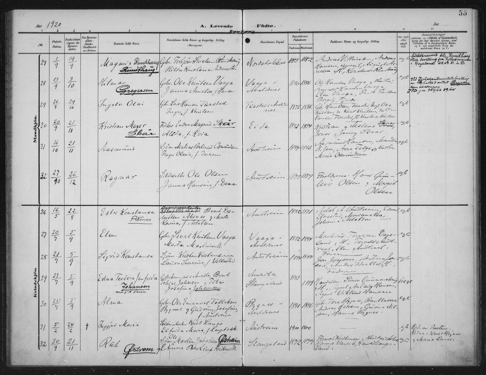 Kopervik sokneprestkontor, AV/SAST-A-101850/H/Ha/Haa/L0003: Parish register (official) no. A 3, 1906-1924, p. 55