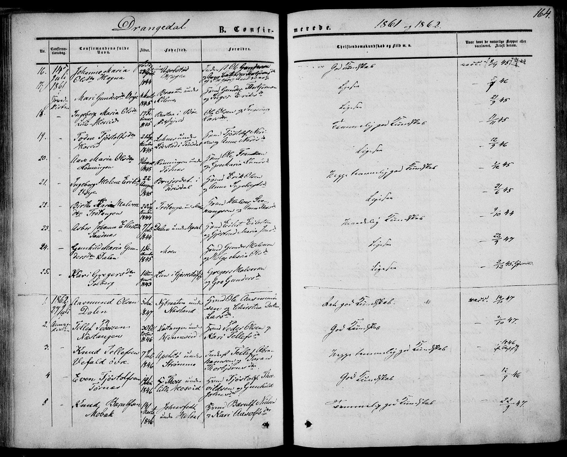 Drangedal kirkebøker, AV/SAKO-A-258/F/Fa/L0008: Parish register (official) no. 8, 1857-1871, p. 164