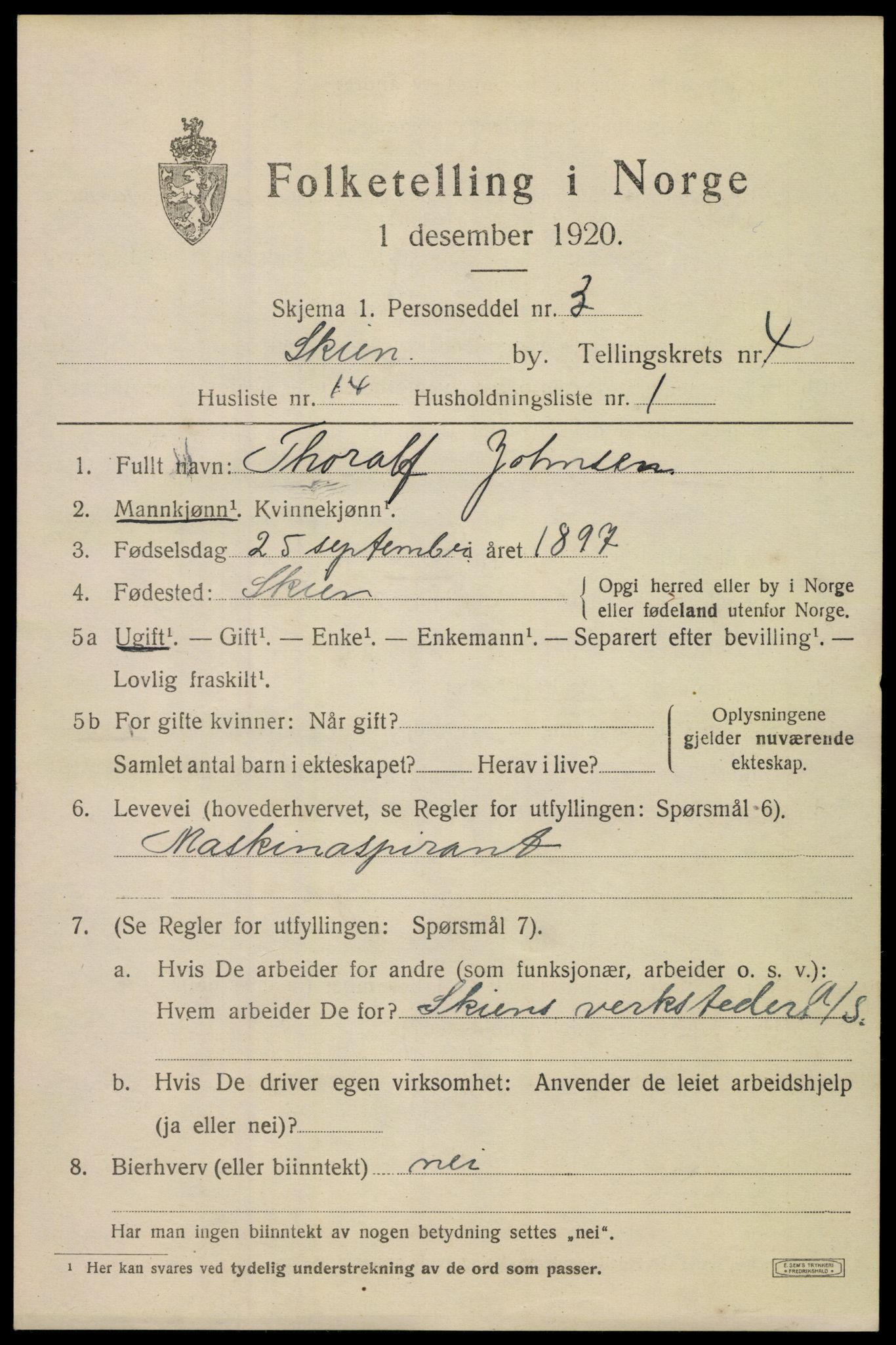 SAKO, 1920 census for Skien, 1920, p. 16858
