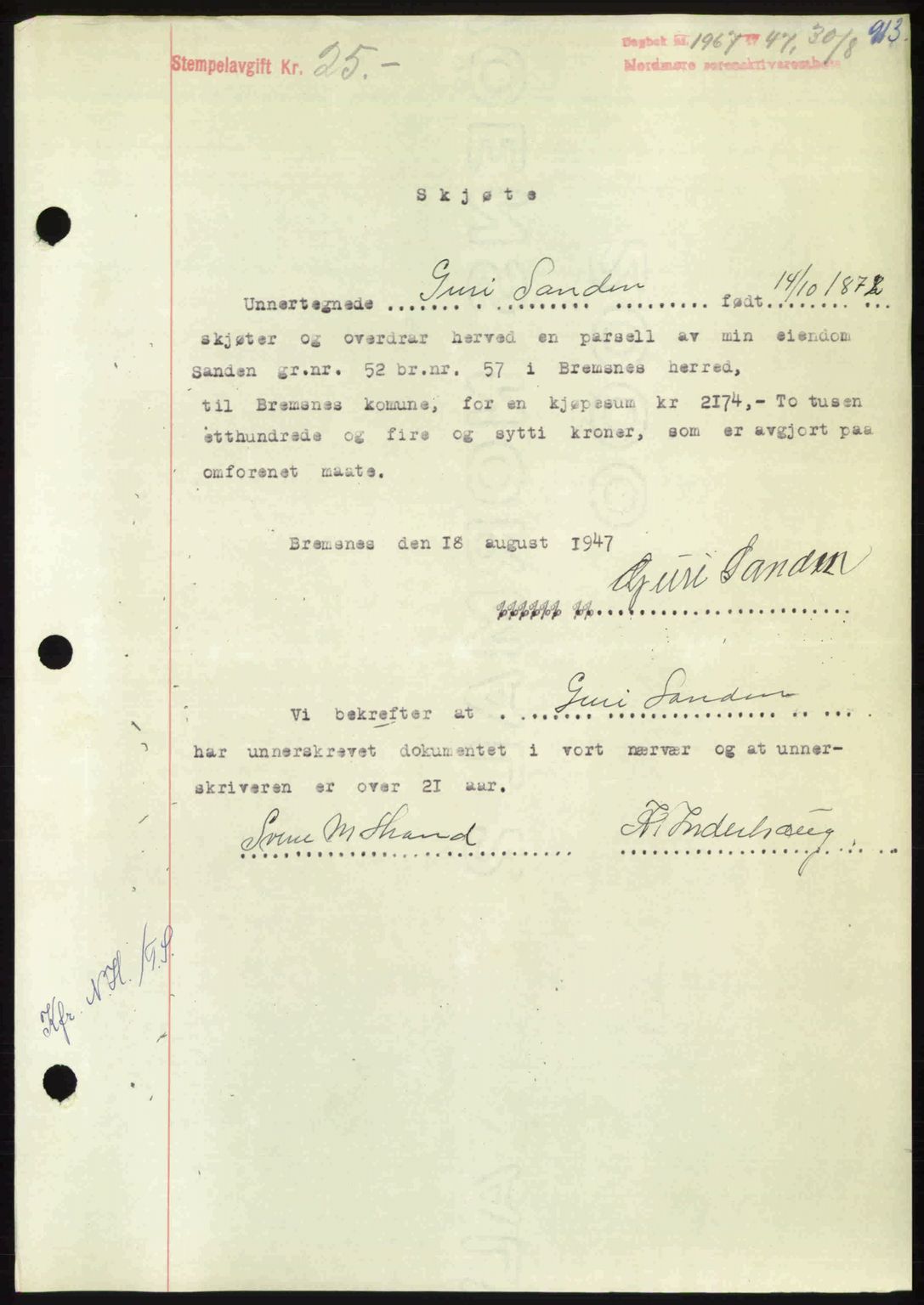 Nordmøre sorenskriveri, AV/SAT-A-4132/1/2/2Ca: Mortgage book no. A105, 1947-1947, Diary no: : 1967/1947