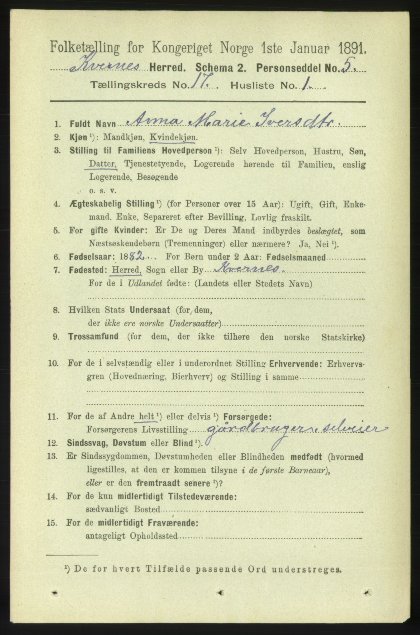 RA, 1891 census for 1553 Kvernes, 1891, p. 7153