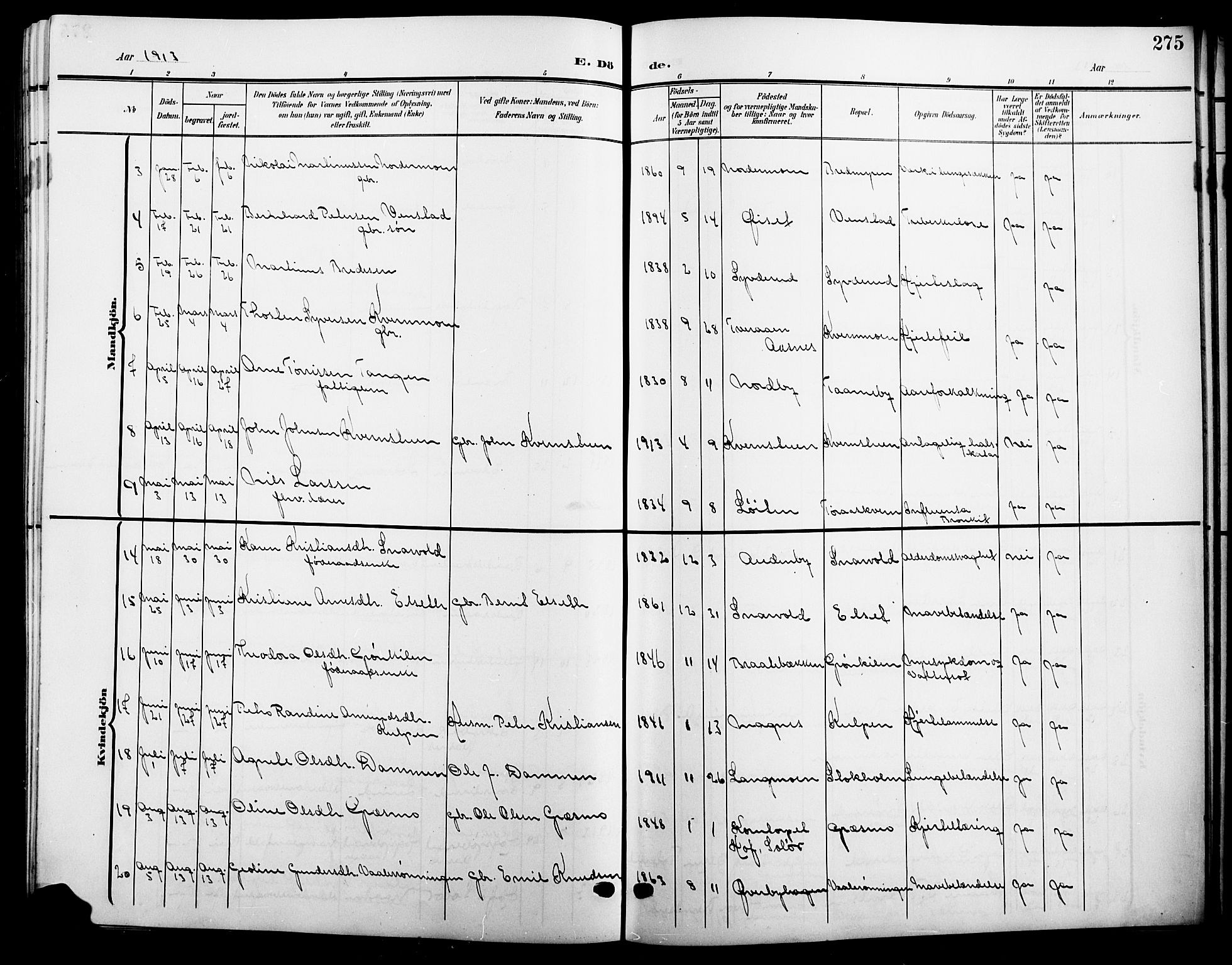 Våler prestekontor, Hedmark, AV/SAH-PREST-040/H/Ha/Hab/L0002: Parish register (copy) no. 2, 1905-1915, p. 275