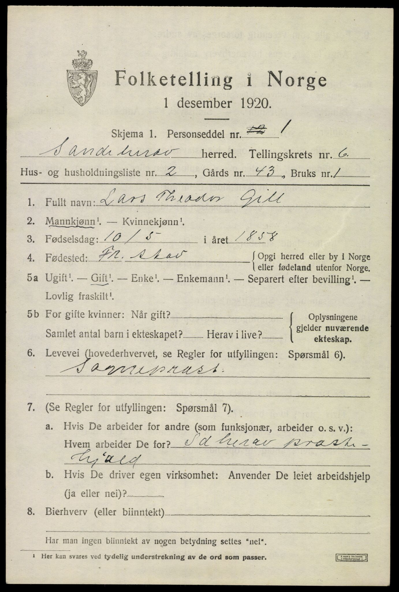 SAKO, 1920 census for Sandeherred, 1920, p. 9582