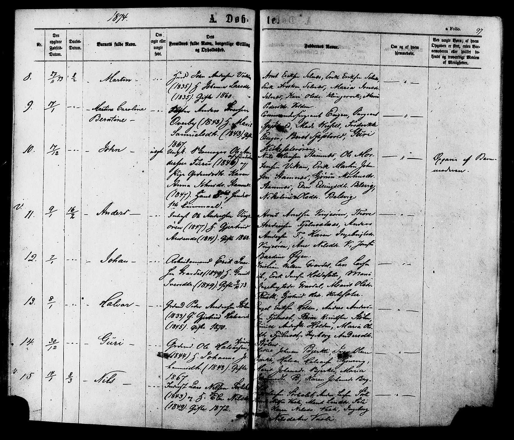 Ministerialprotokoller, klokkerbøker og fødselsregistre - Sør-Trøndelag, SAT/A-1456/630/L0495: Parish register (official) no. 630A08, 1868-1878, p. 97