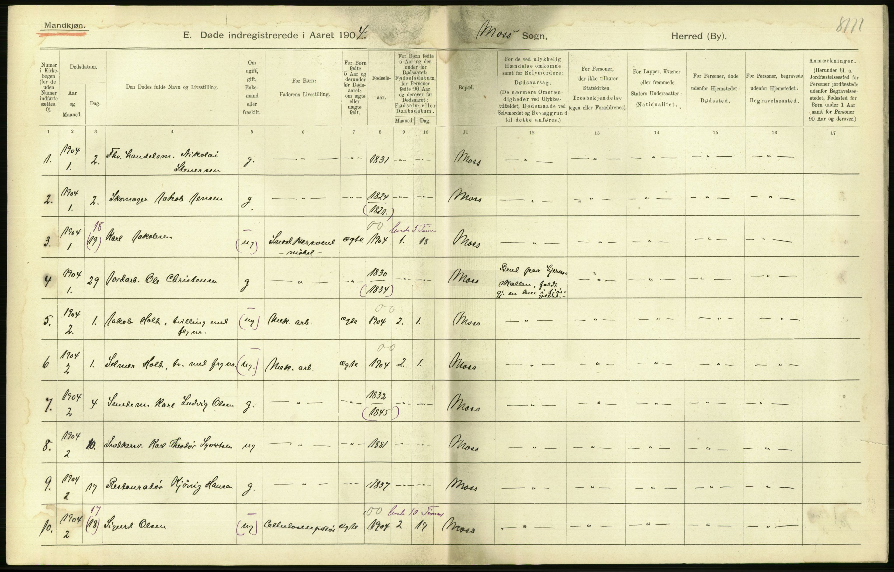 Statistisk sentralbyrå, Sosiodemografiske emner, Befolkning, AV/RA-S-2228/D/Df/Dfa/Dfab/L0001: Smålenenes amt: Fødte, gifte, døde, 1904, p. 813