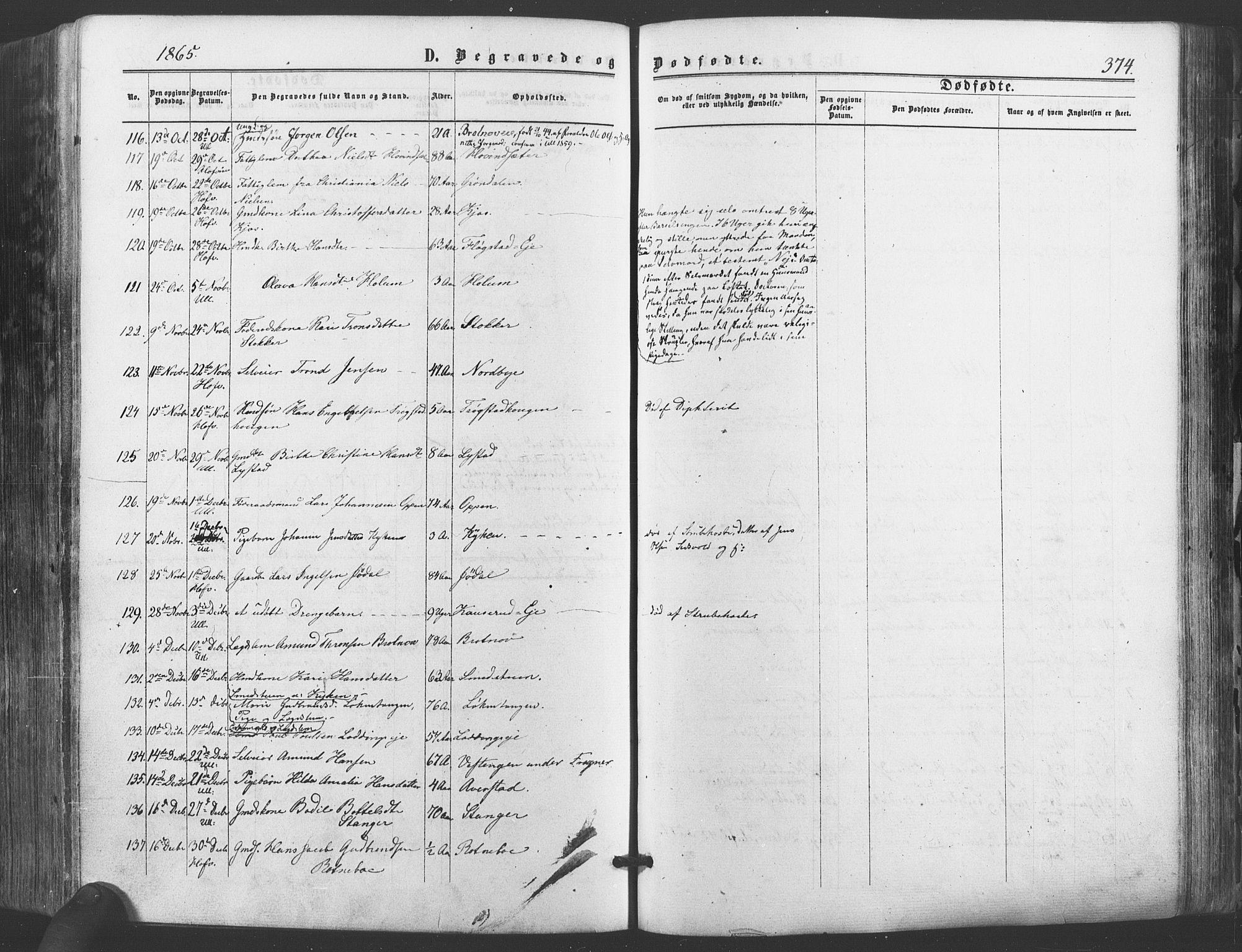 Ullensaker prestekontor Kirkebøker, AV/SAO-A-10236a/F/Fa/L0016: Parish register (official) no. I 16, 1863-1875, p. 374