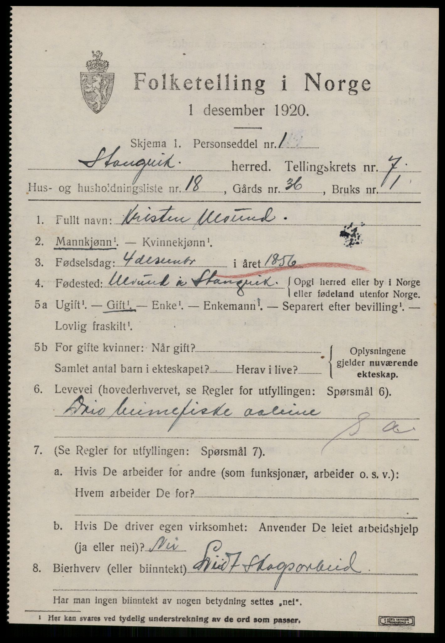 SAT, 1920 census for Stangvik, 1920, p. 4530