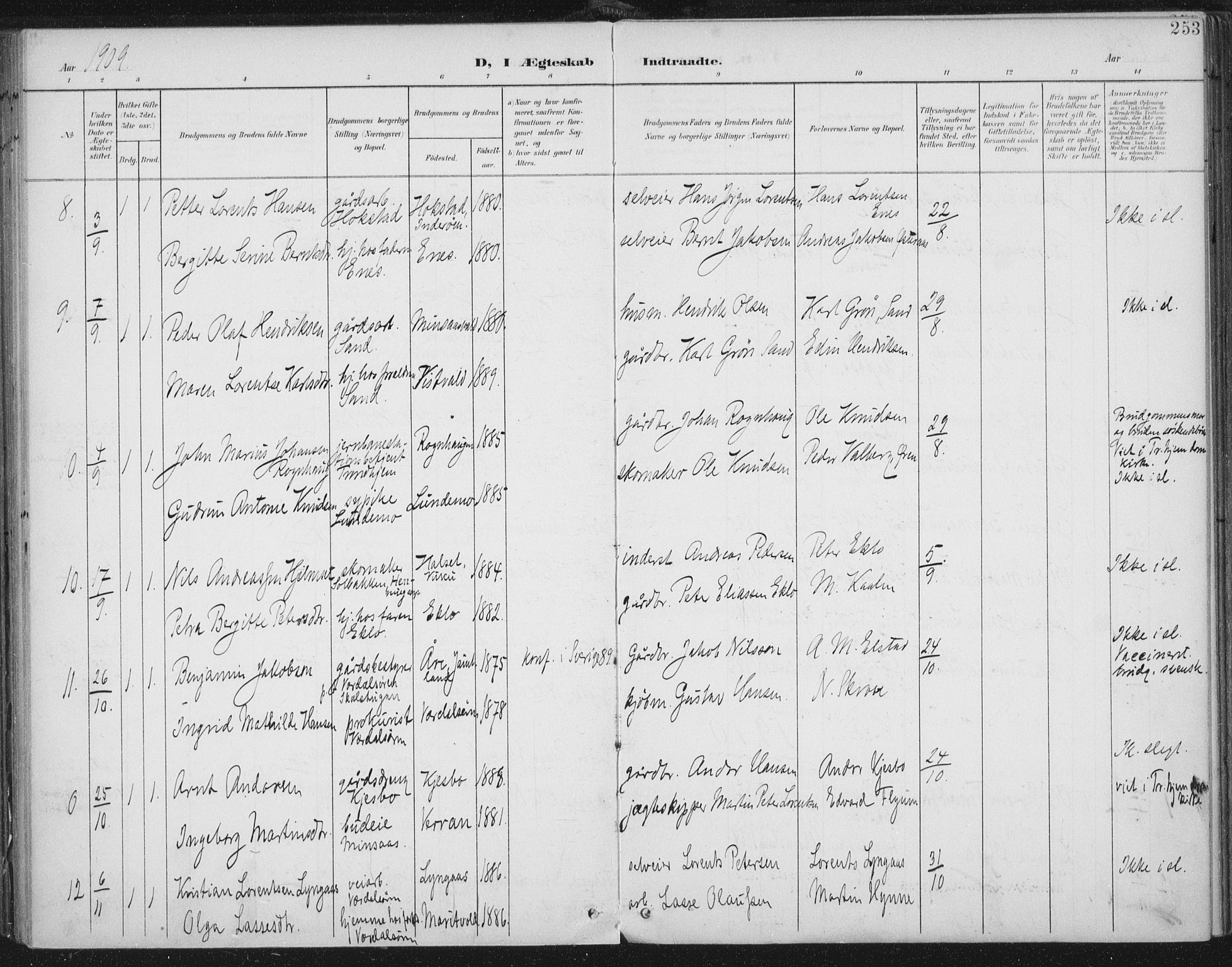 Ministerialprotokoller, klokkerbøker og fødselsregistre - Nord-Trøndelag, SAT/A-1458/723/L0246: Parish register (official) no. 723A15, 1900-1917, p. 253