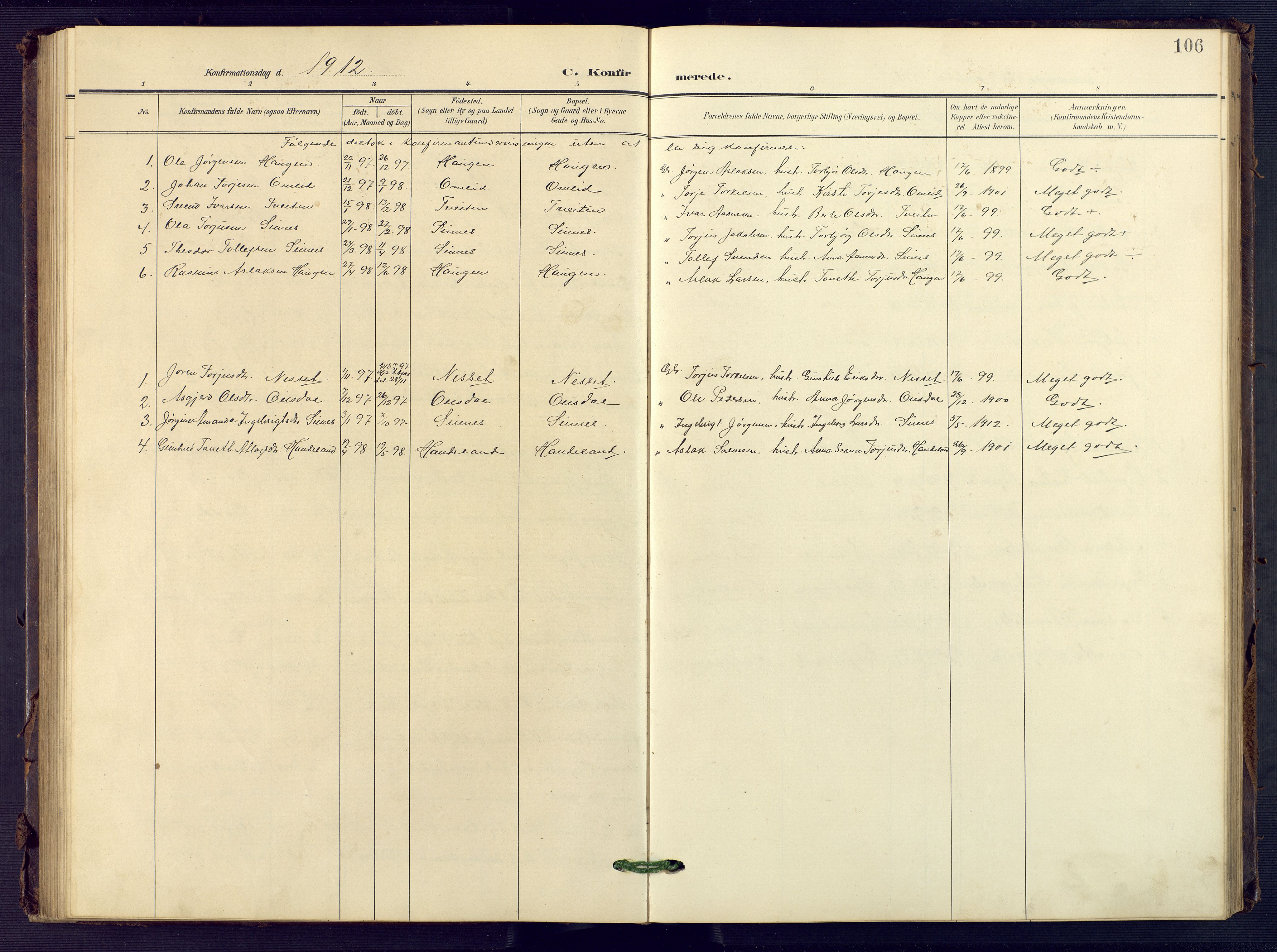 Sirdal sokneprestkontor, SAK/1111-0036/F/Fb/Fba/L0002: Parish register (copy) no. B 2, 1905-1958, p. 106