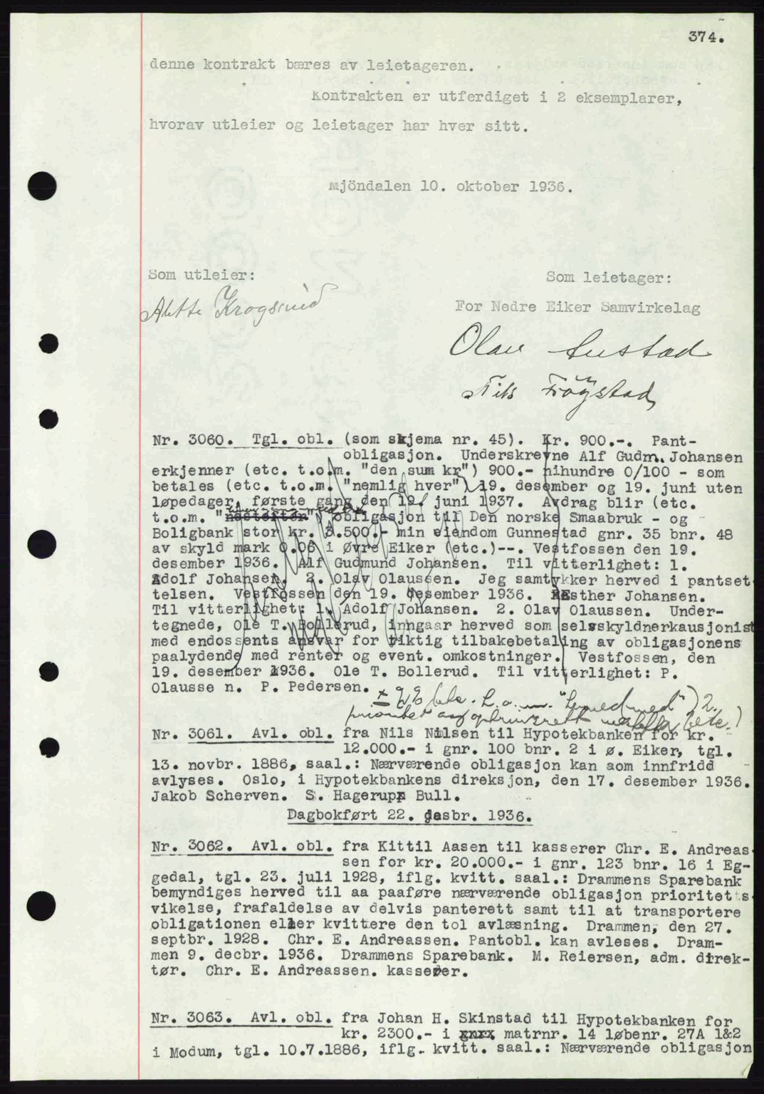 Eiker, Modum og Sigdal sorenskriveri, SAKO/A-123/G/Ga/Gab/L0034: Mortgage book no. A4, 1936-1937, Diary no: : 3060/1936