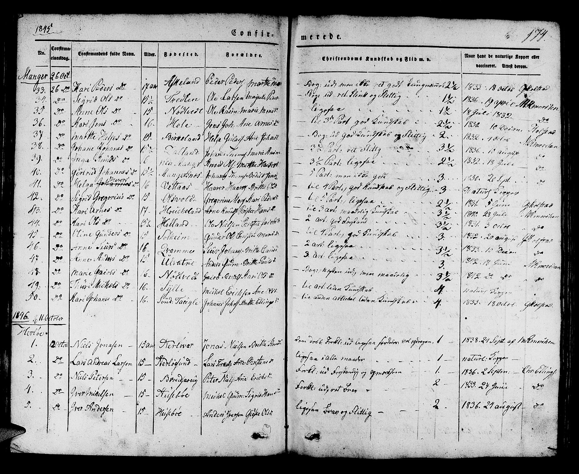 Manger sokneprestembete, AV/SAB-A-76801/H/Haa: Parish register (official) no. A 5, 1839-1848, p. 174