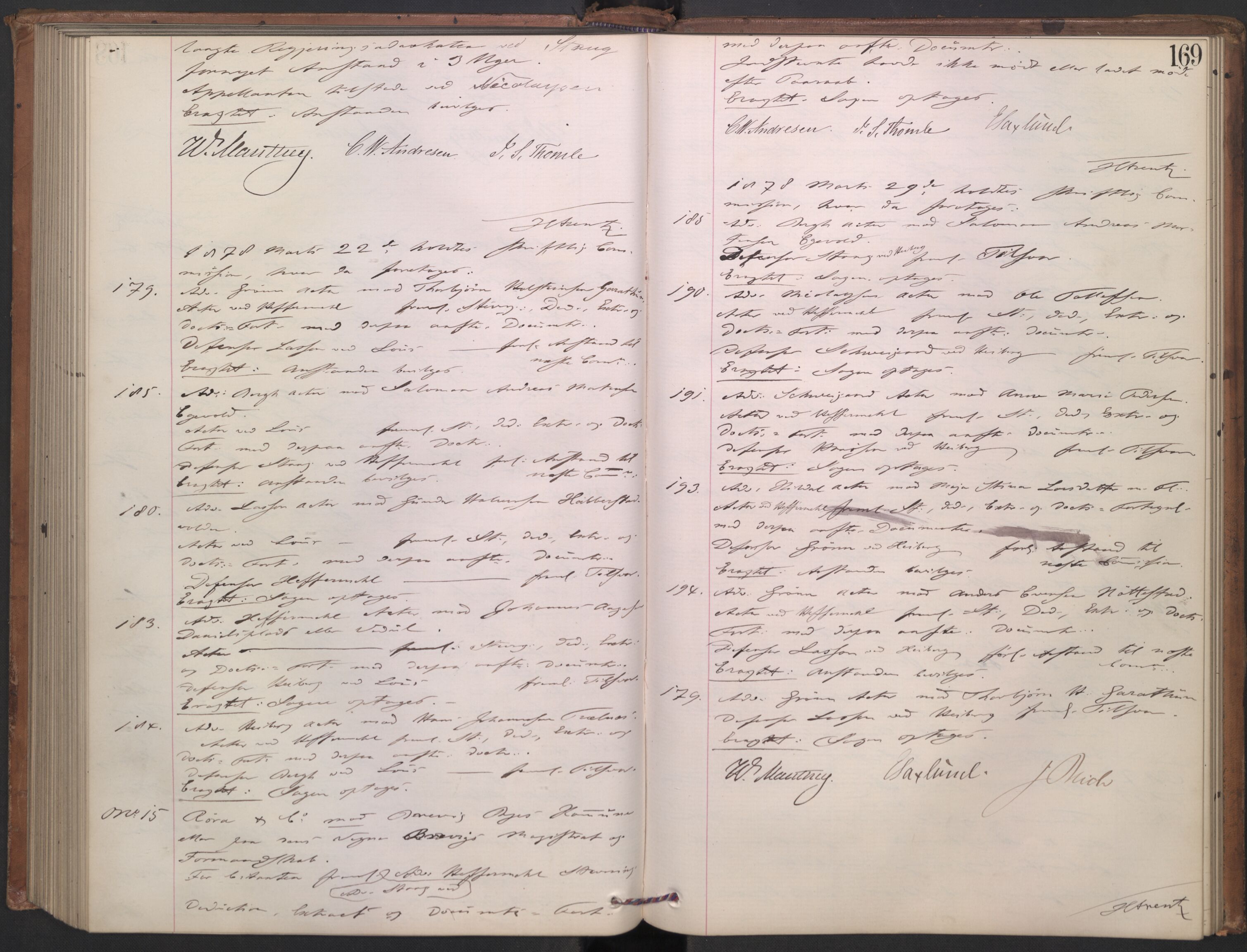 Høyesterett, AV/RA-S-1002/E/Ef/L0013: Protokoll over saker som gikk til skriftlig behandling, 1873-1879, p. 168b-169a