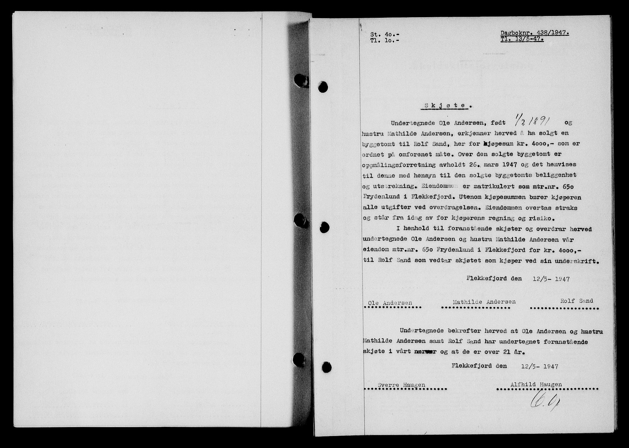 Flekkefjord sorenskriveri, SAK/1221-0001/G/Gb/Gba/L0062: Mortgage book no. A-10, 1947-1947, Diary no: : 438/1947