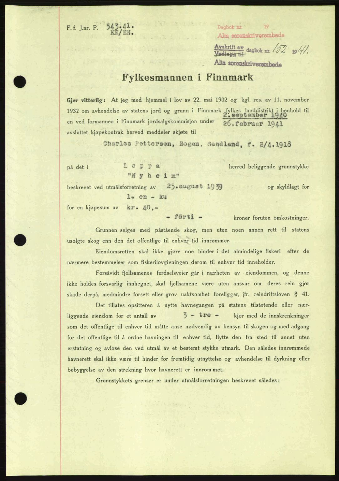Alta fogderi/sorenskriveri, SATØ/SATØ-5/1/K/Kd/L0033pantebok: Mortgage book no. 33, 1940-1943, Diary no: : 152/1941
