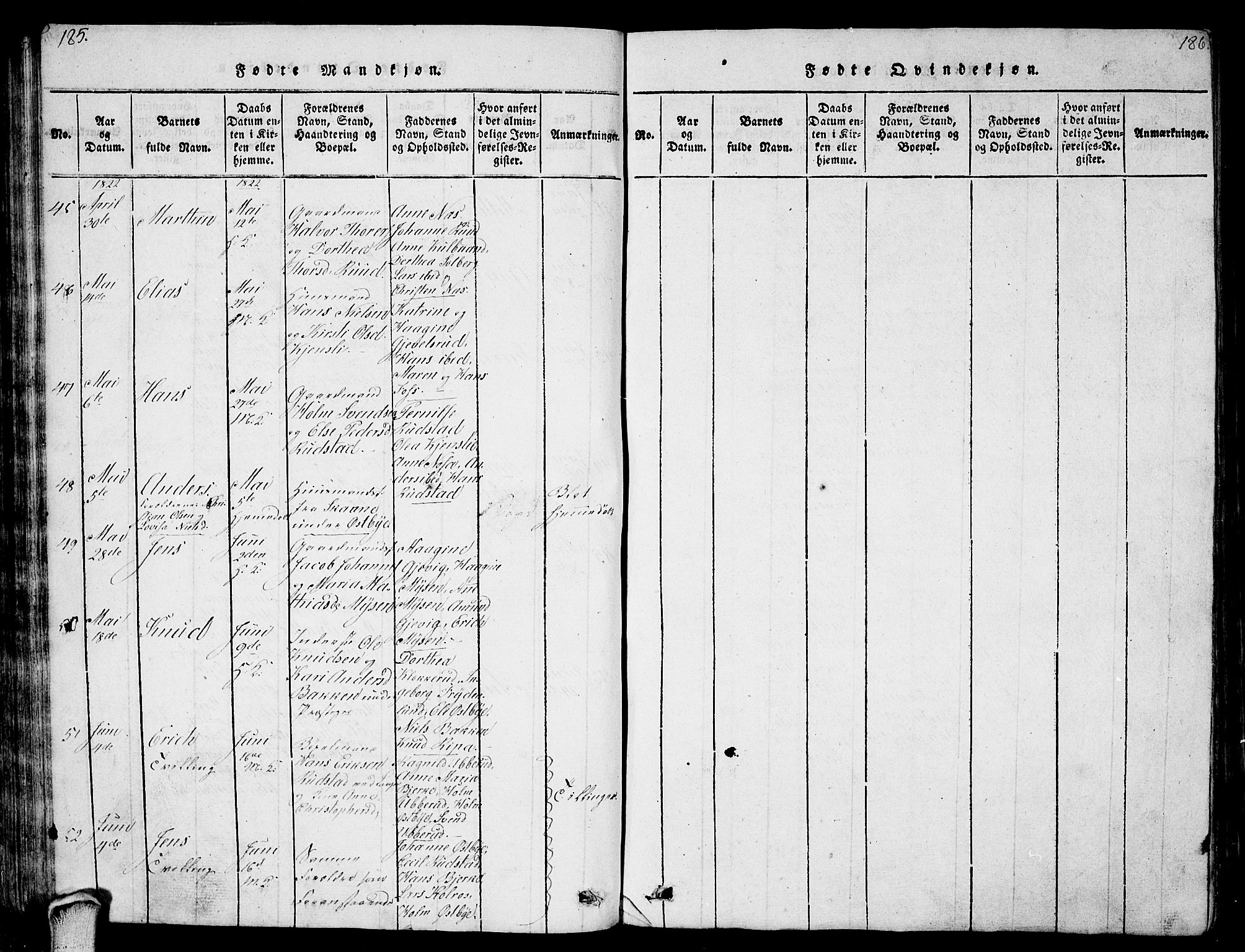 Enebakk prestekontor Kirkebøker, AV/SAO-A-10171c/G/Ga/L0001: Parish register (copy) no. I 1, 1815-1833, p. 185-186