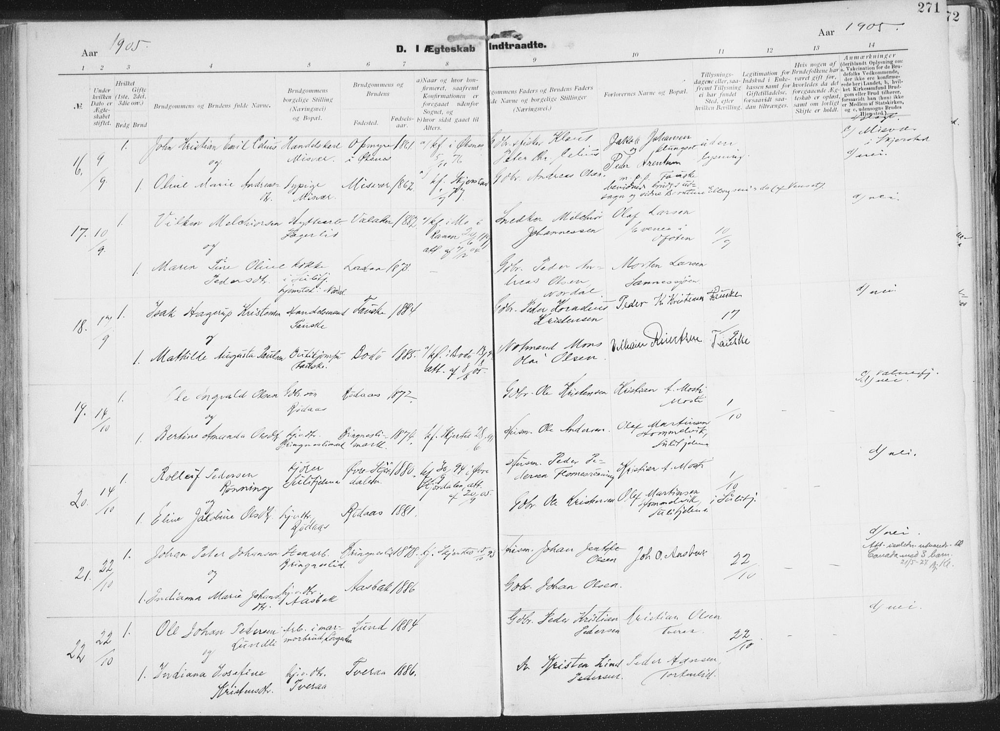 Ministerialprotokoller, klokkerbøker og fødselsregistre - Nordland, AV/SAT-A-1459/849/L0696: Parish register (official) no. 849A08, 1898-1910, p. 271