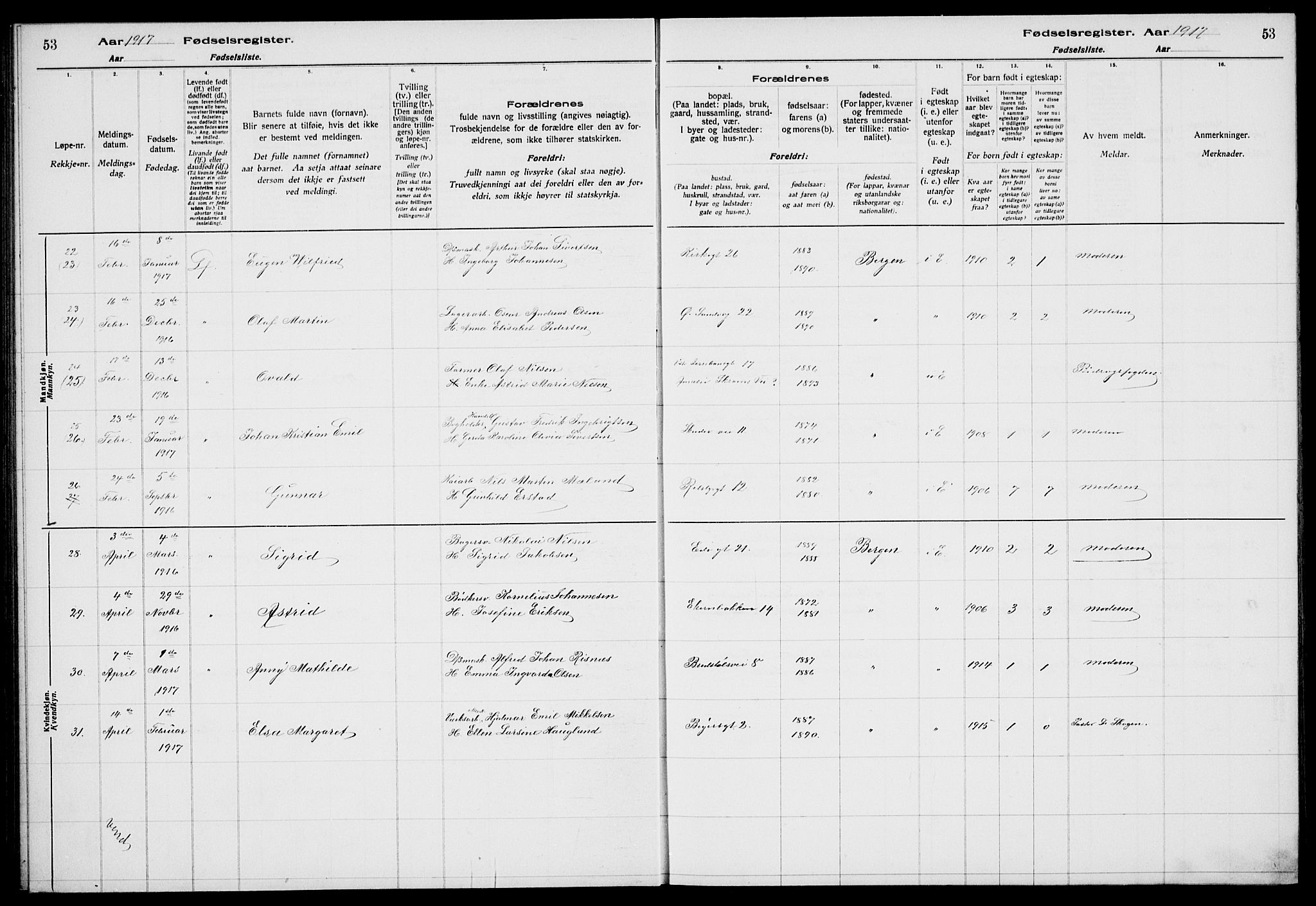 Sandviken Sokneprestembete, AV/SAB-A-77601/I/Ib/L00A1: Birth register no. A 1, 1915-1920, p. 53