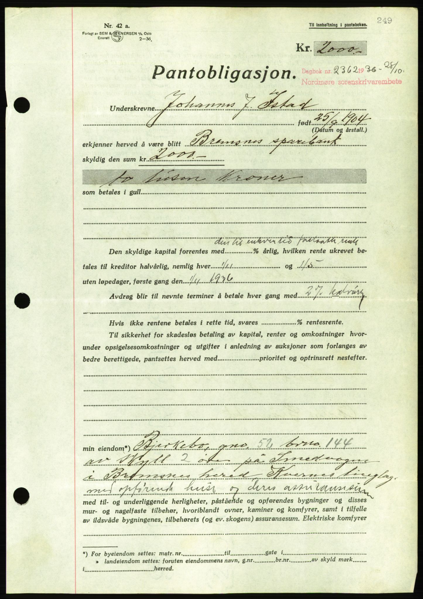 Nordmøre sorenskriveri, AV/SAT-A-4132/1/2/2Ca/L0090: Mortgage book no. B80, 1936-1937, Diary no: : 2362/1936