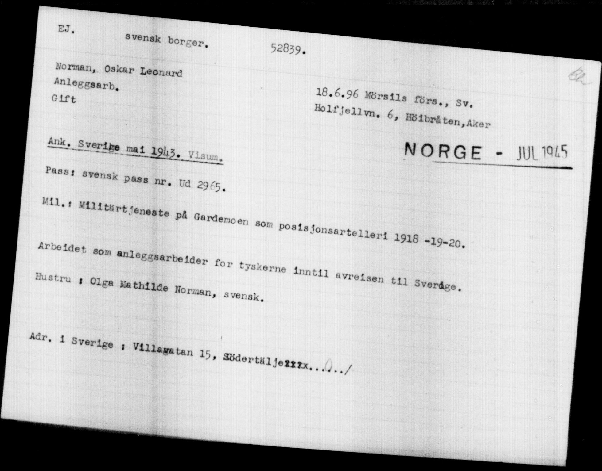 Utenriksstasjonene, Legasjonen i Stockholm, Flyktningkontoret, AV/RA-S-6753/V/Va/L0019: Kjesäterkartoteket, flyktninger med registreringsnr. 49600-55060, 1940-1945, p. 2309