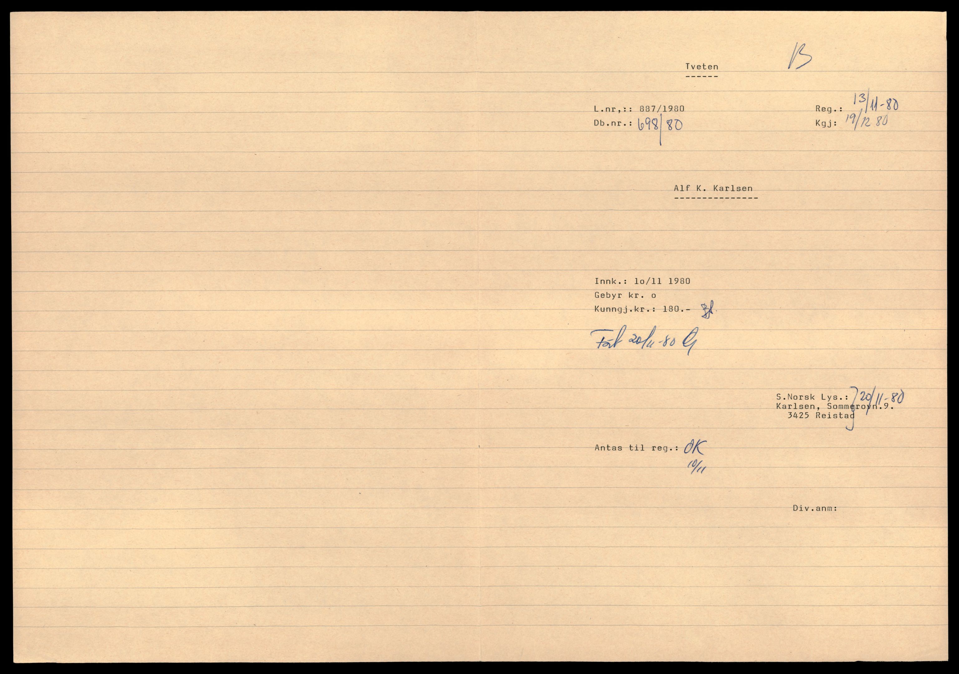 Asker og Bærum tingrett, AV/SAT-A-10379/K/Kb/Kba/L0051: Enkeltmannsforetak, aksjeselskap og andelslag, K - Me, 1890-1989, p. 1