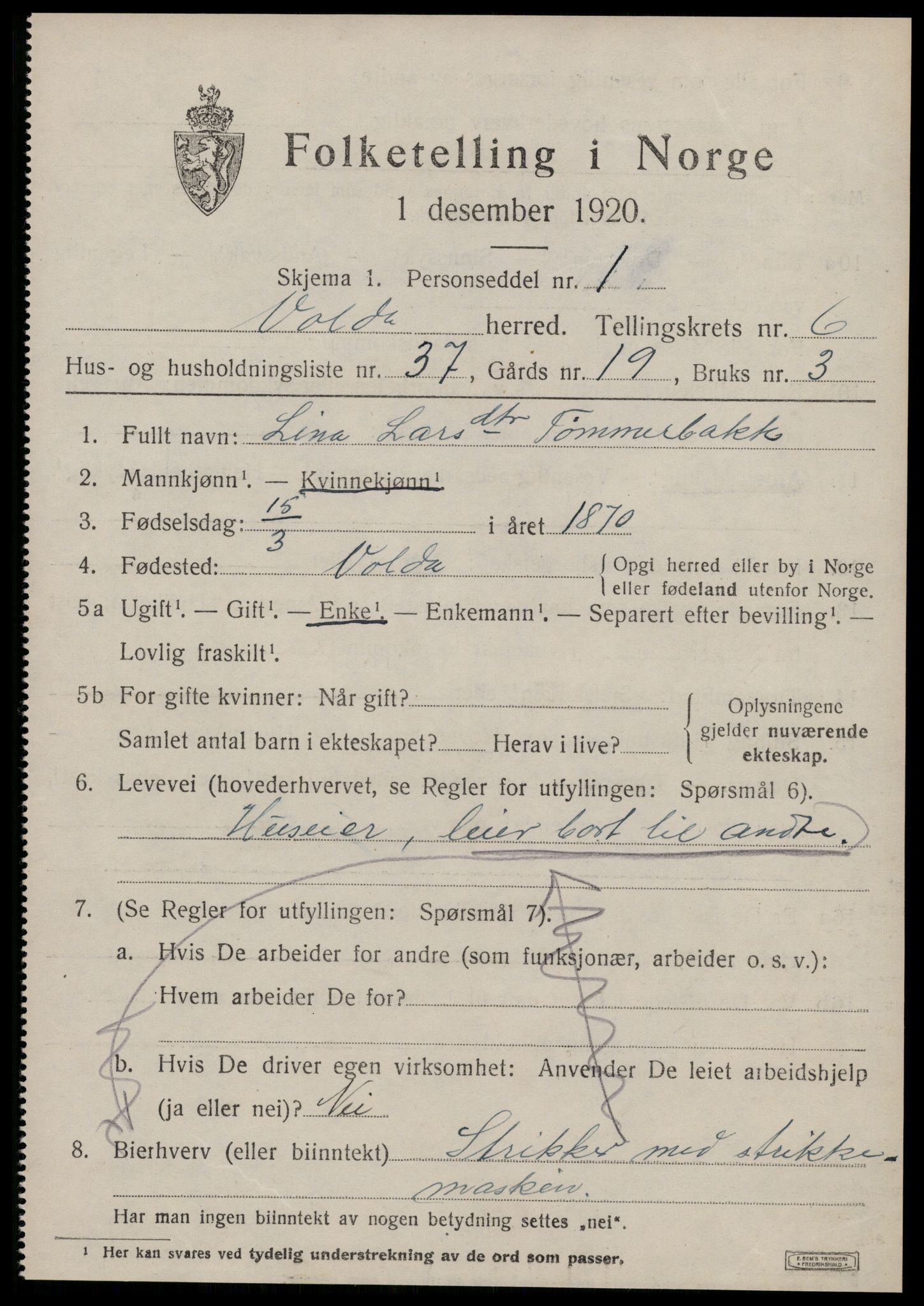 SAT, 1920 census for Volda, 1920, p. 5636