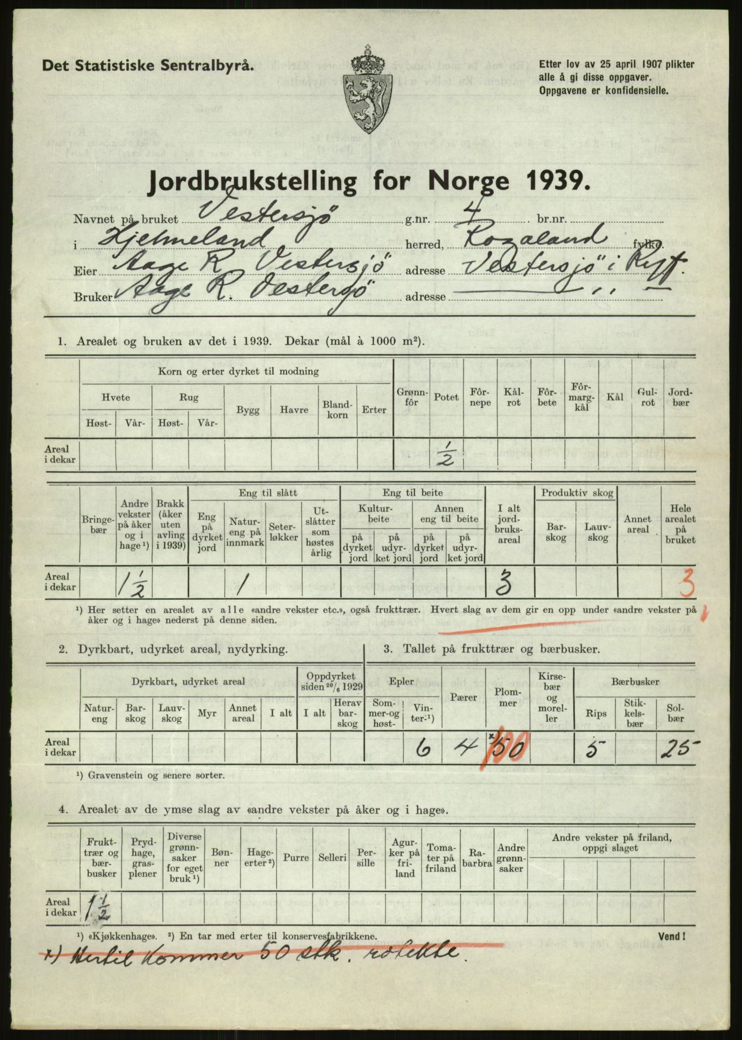 Statistisk sentralbyrå, Næringsøkonomiske emner, Jordbruk, skogbruk, jakt, fiske og fangst, AV/RA-S-2234/G/Gb/L0184: Rogaland: Årdal, Fister og Hjelmeland, 1939, p. 1063